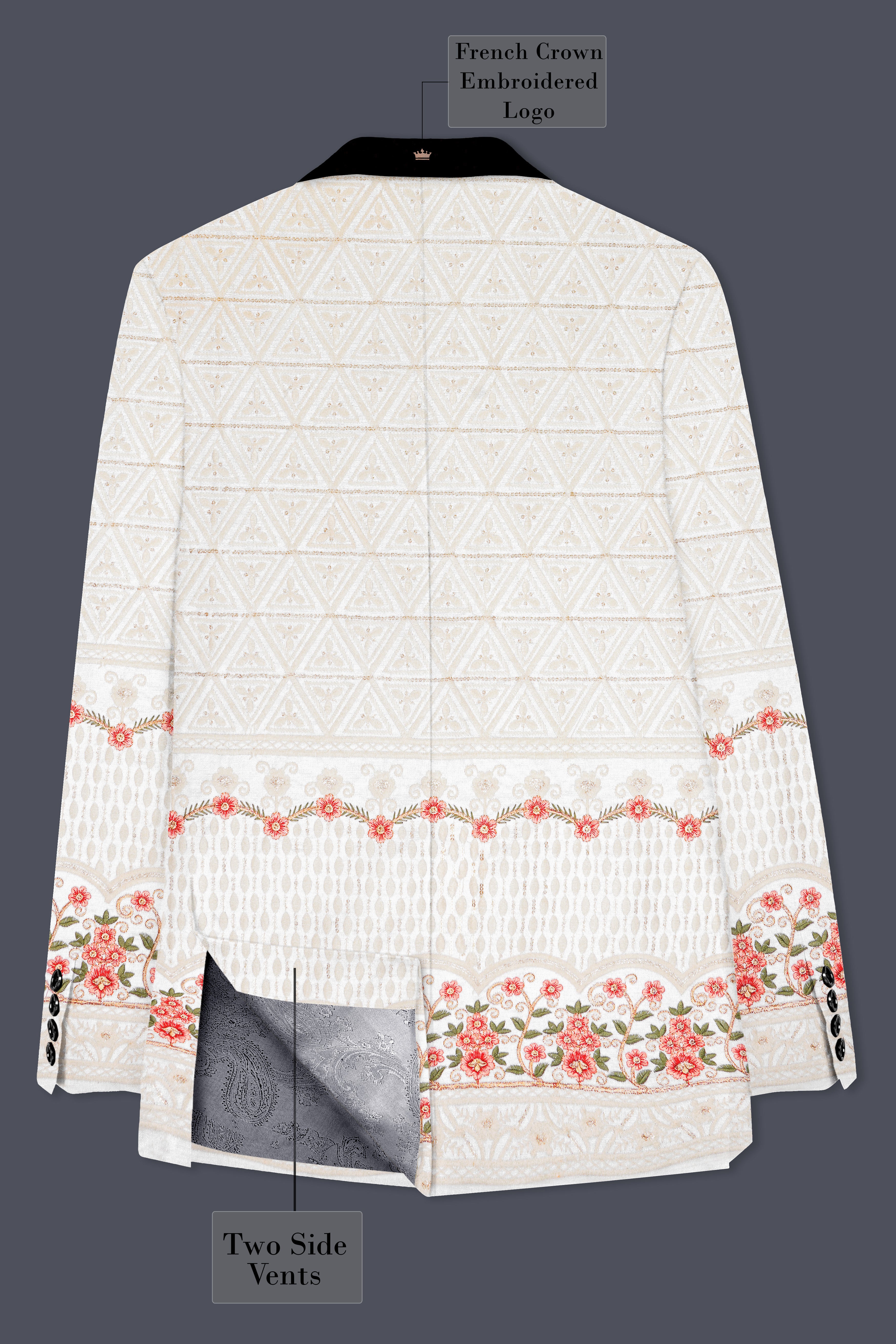 Bright White And Apricot Peach Multicolor Sequin and thread Embroidered Tuxedo Suit