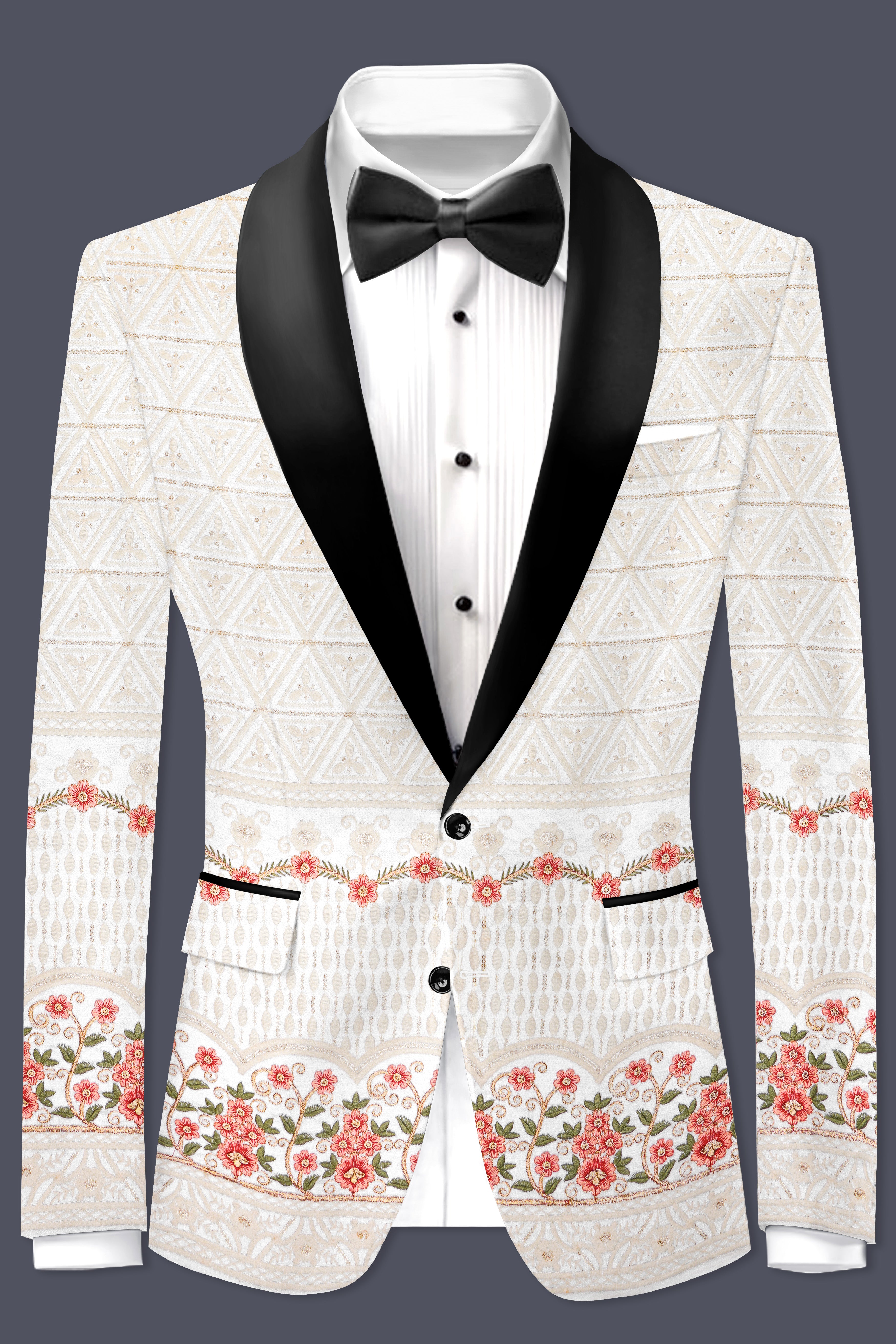 Bright White And Apricot Peach Multicolor Sequin and thread Embroidered Tuxedo Suit
