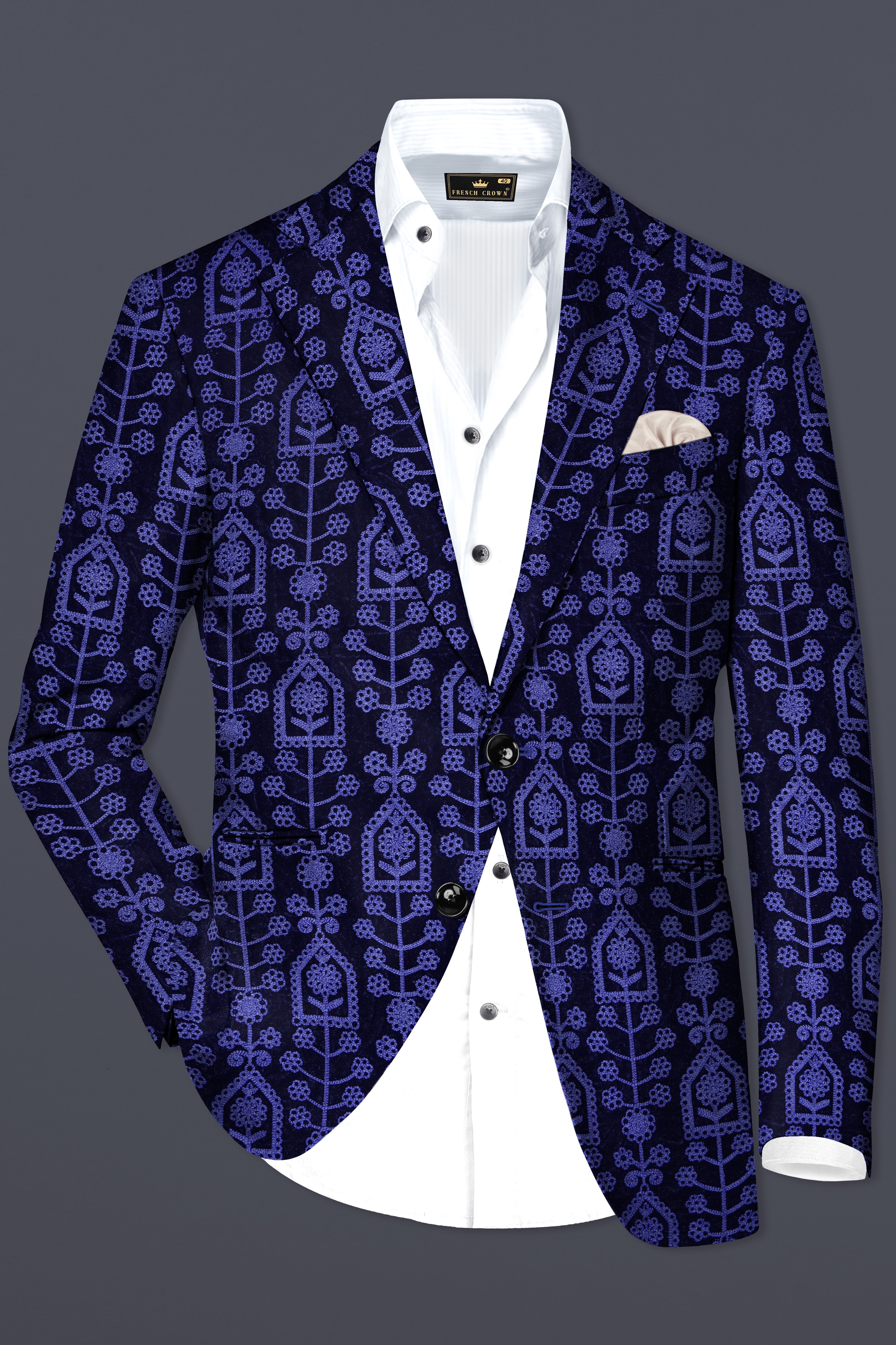 Gigas Blue Thread Work Embroidered Velvet Single Breasted Suit