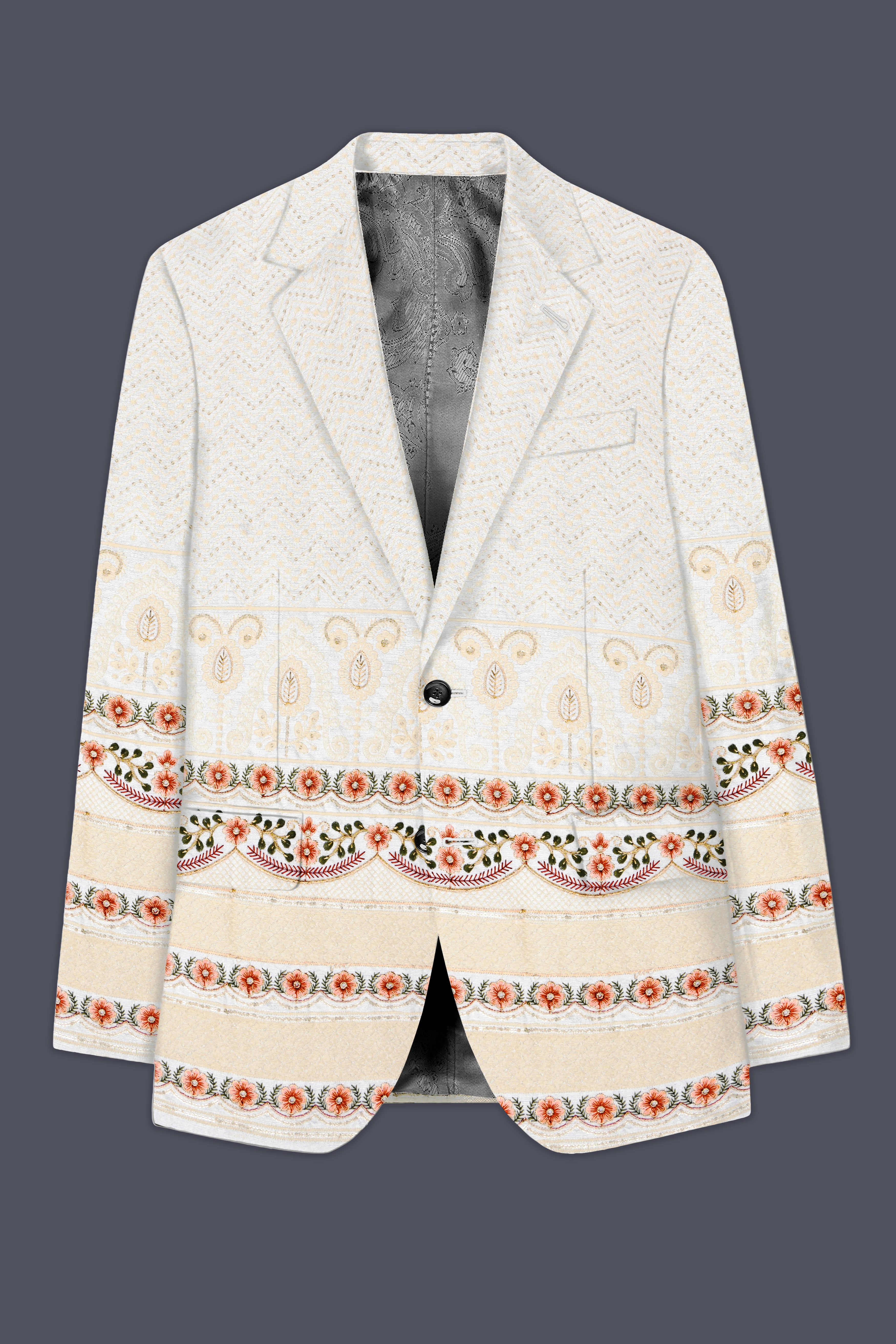 Off White And ApricotPeach Multicolor Sequin and thread Embroidered Single Breasted Suit