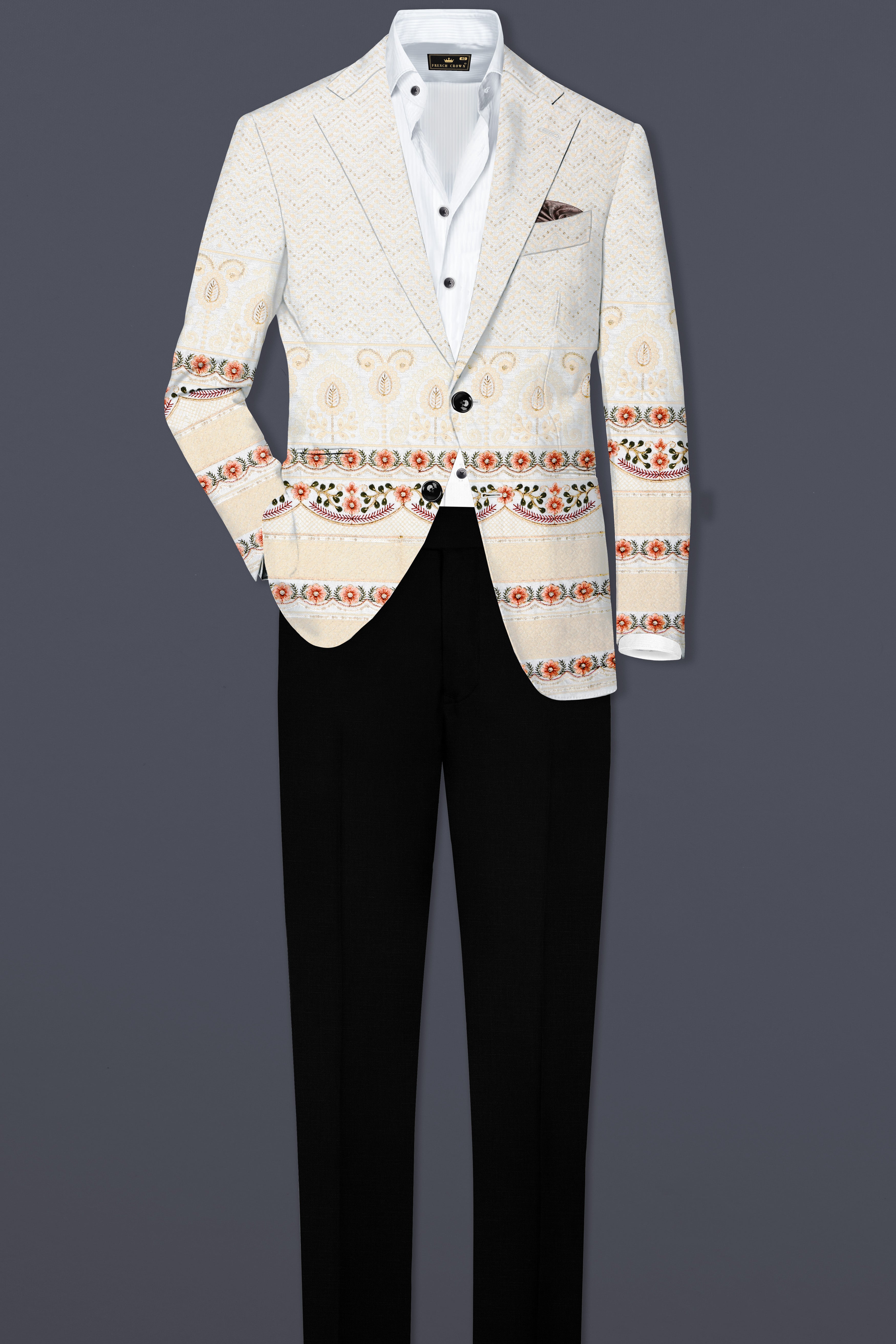 Off White And ApricotPeach Multicolor Sequin and thread Embroidered Single Breasted Suit