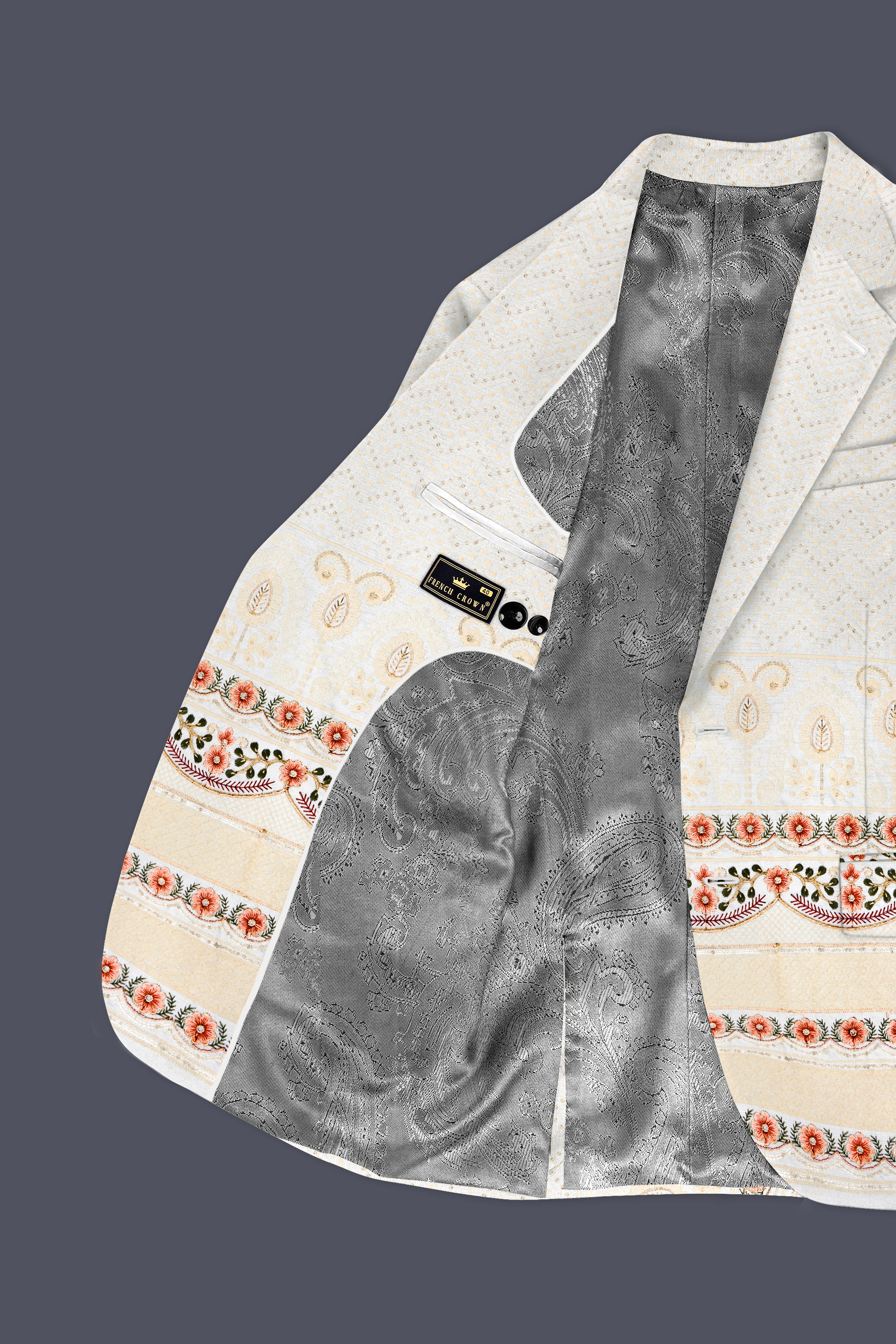 Off White And ApricotPeach Multicolor Sequin and thread Embroidered Single Breasted Suit