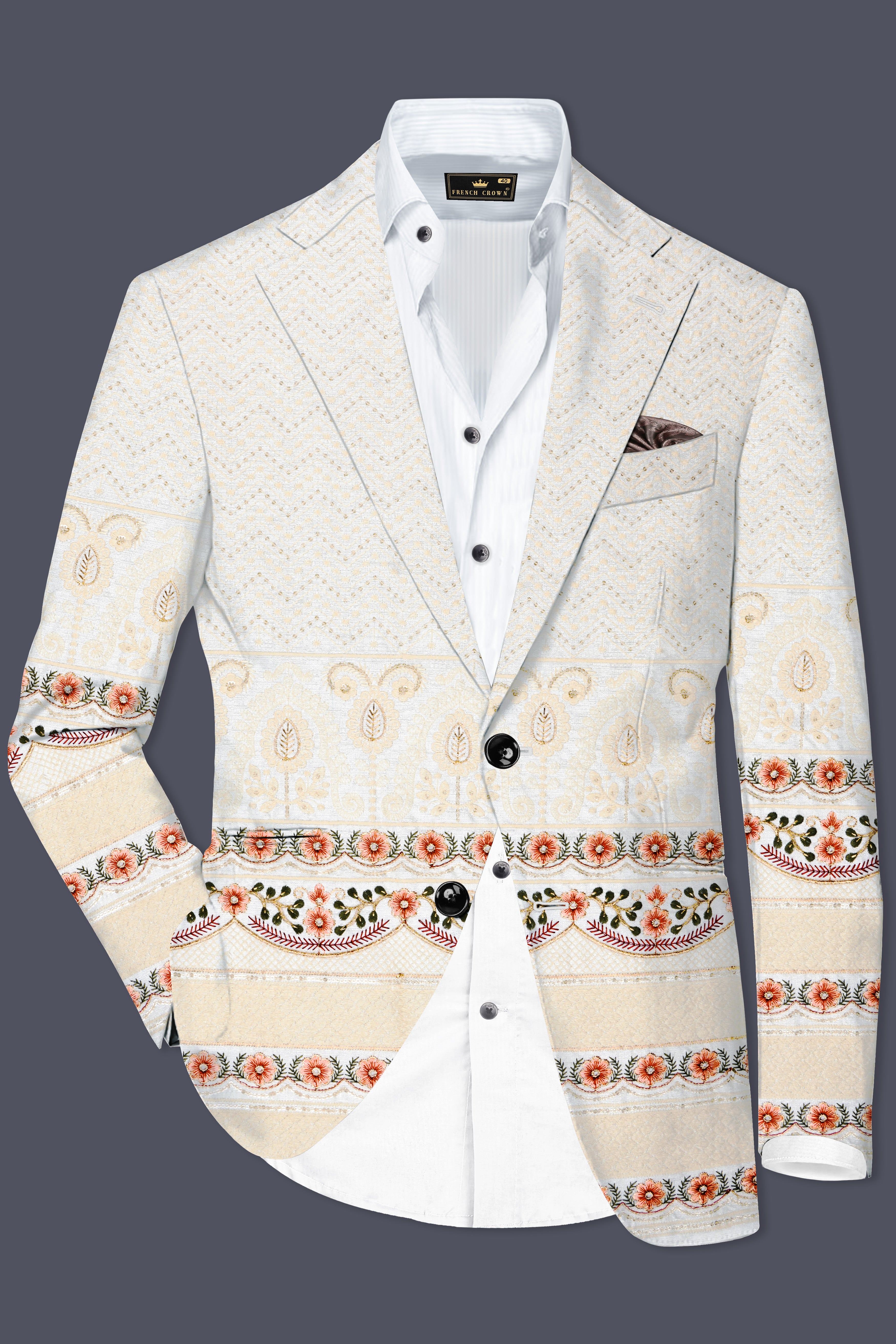 Off White And ApricotPeach Multicolor Sequin and thread Embroidered Single Breasted Suit