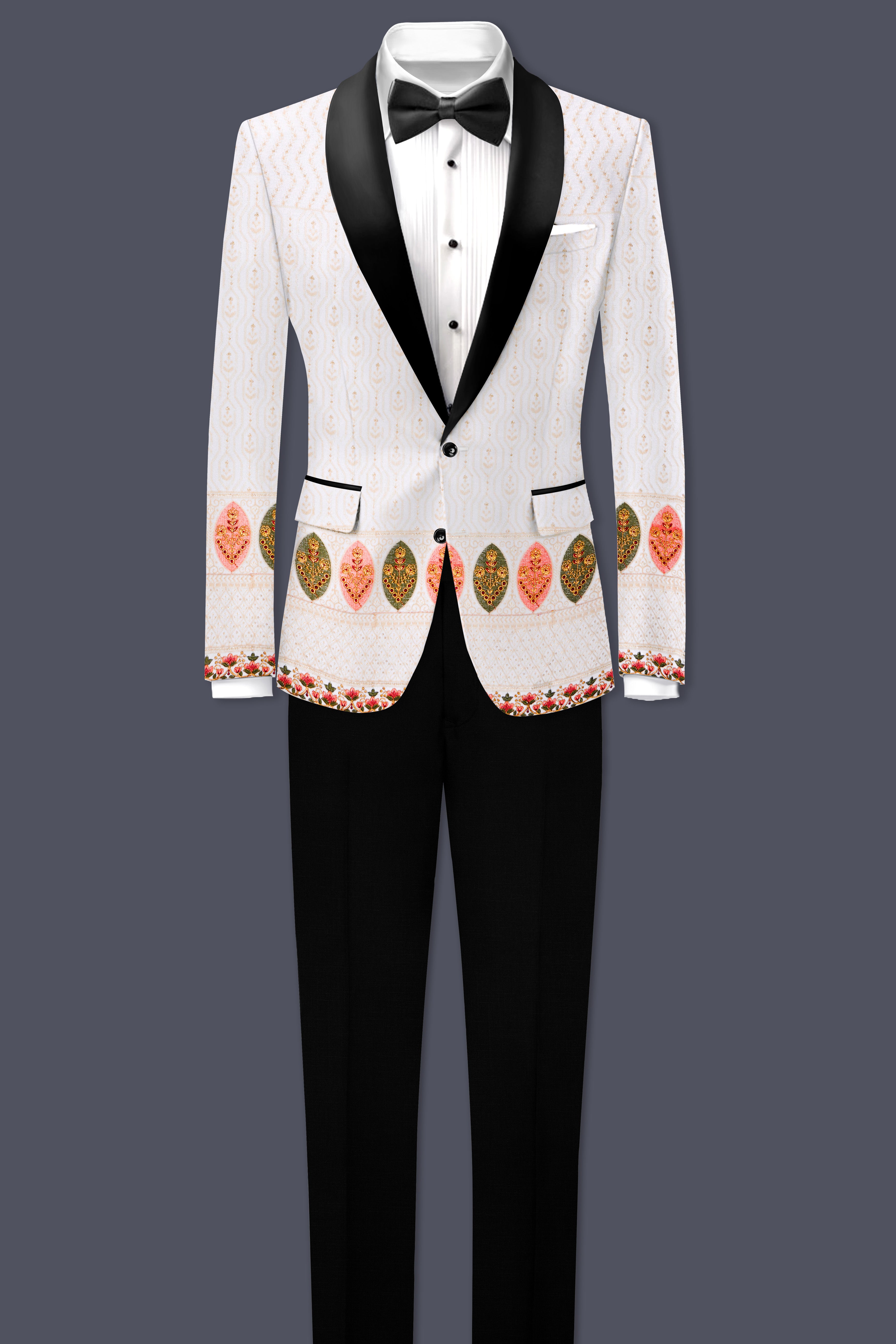 Bright White And Blush Peach Multicolor Sequin and thread leaf Embroidered Tuxedo Suit