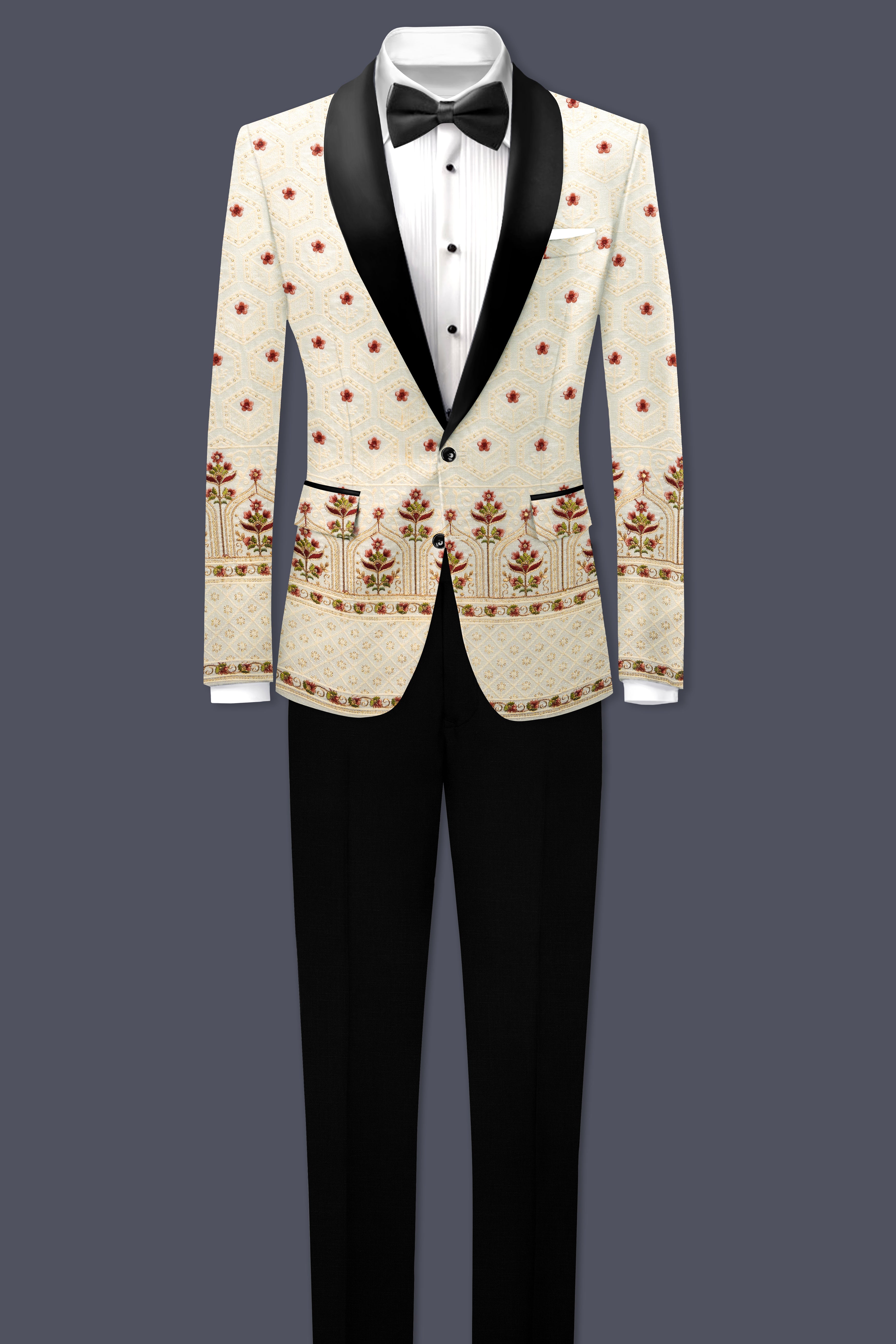 Off White And Saratoga Green Multicolor Sequin and thread Embroidered Tuxedo Suit