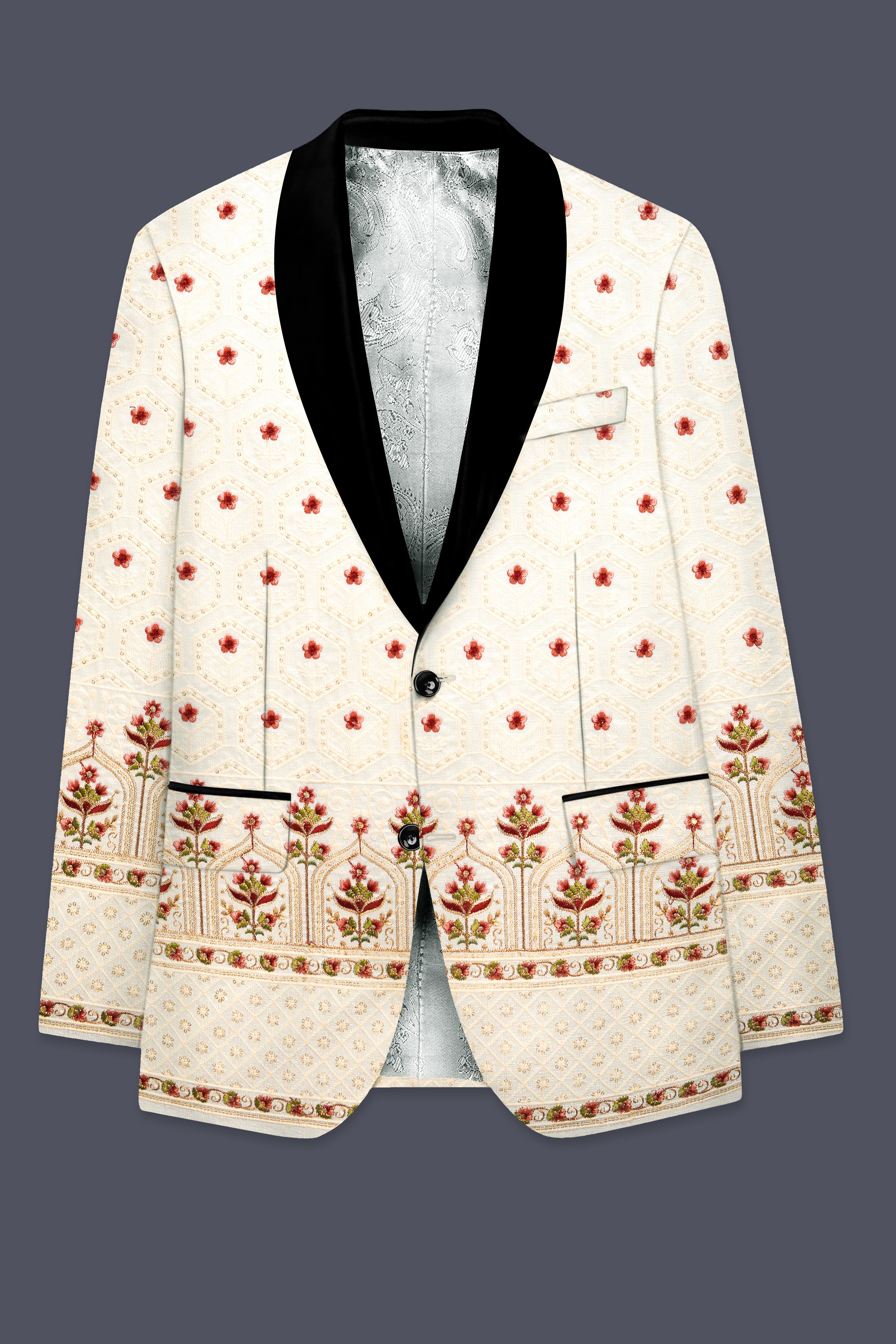 Off White And Saratoga Green Multicolor Sequin and thread Embroidered Tuxedo Suit