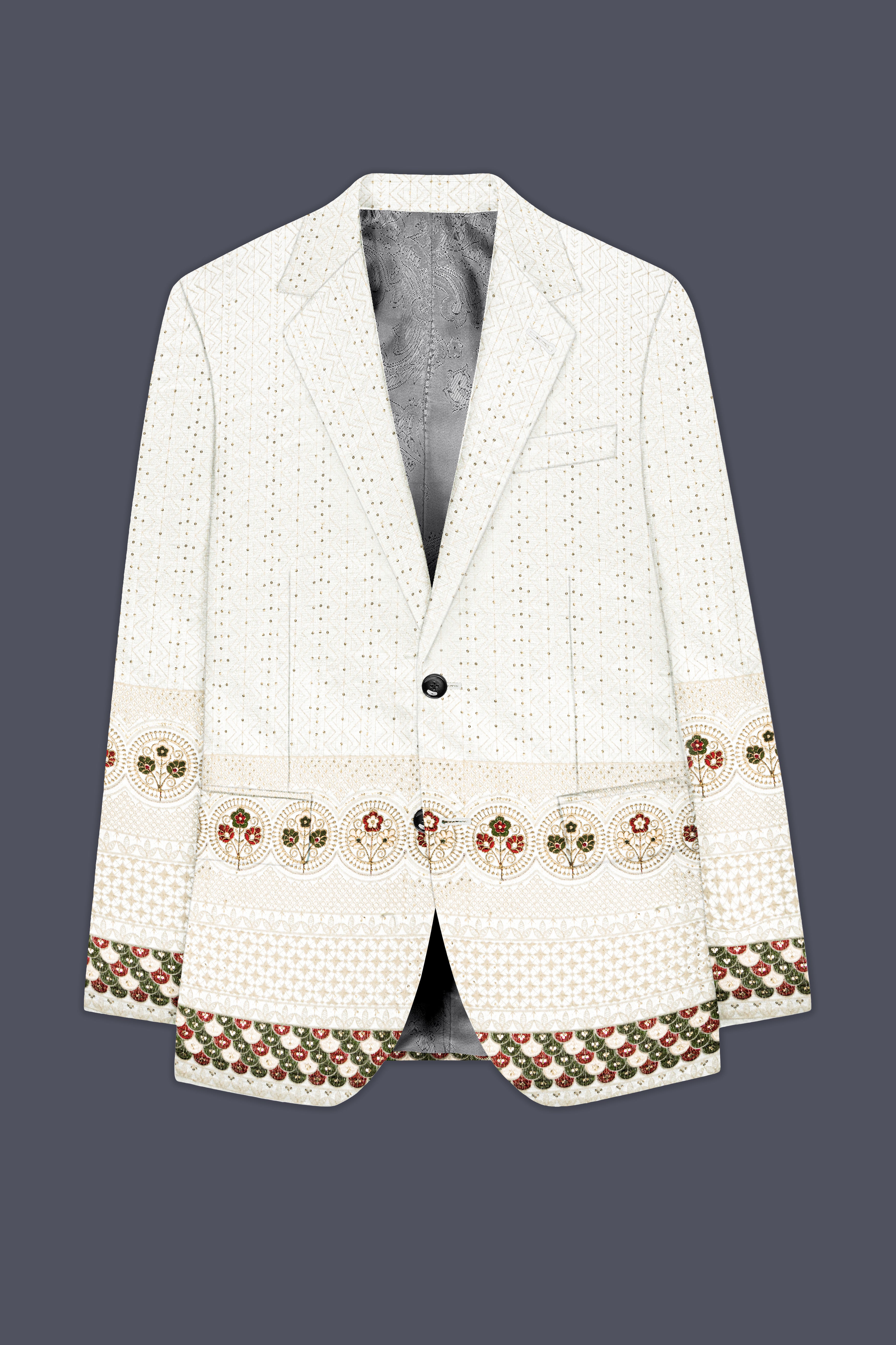 Off White And Metallic Red Multicolor Sequin and thread Embroidered Single Breasted Suit