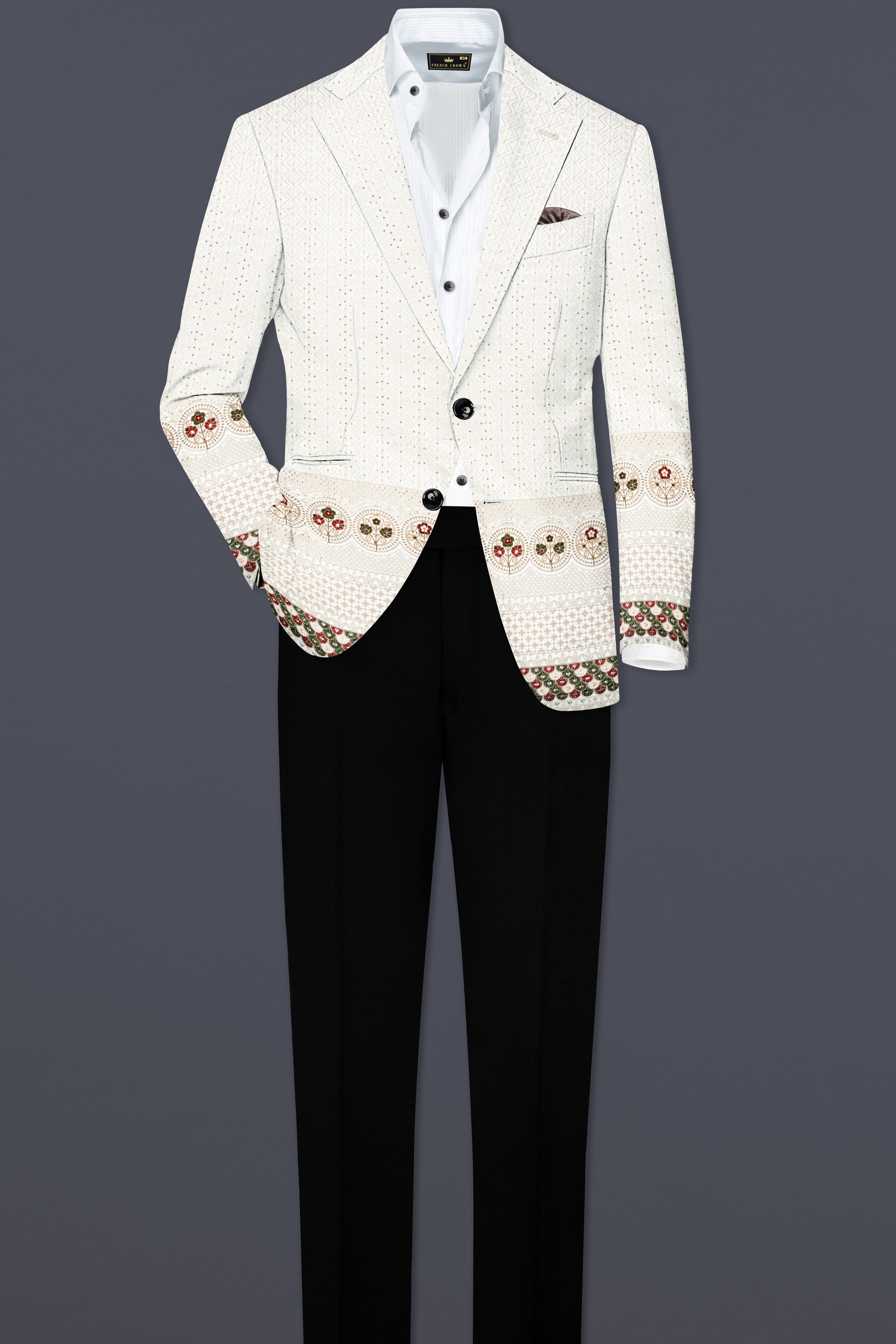 Off White And Metallic Red Multicolor Sequin and thread Embroidered Single Breasted Suit