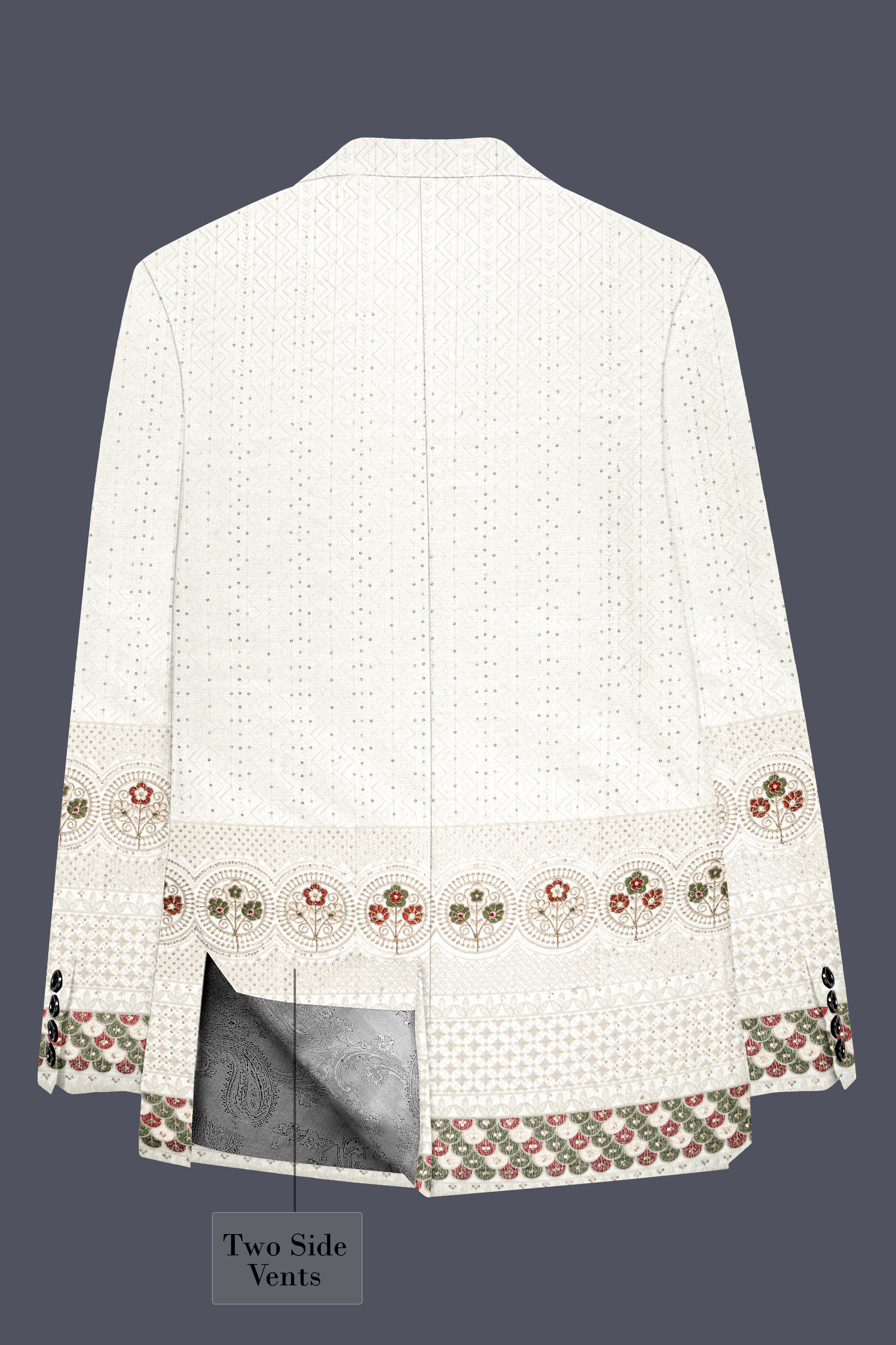 Off White And Metallic Red Multicolor Sequin and thread Embroidered Single Breasted Suit