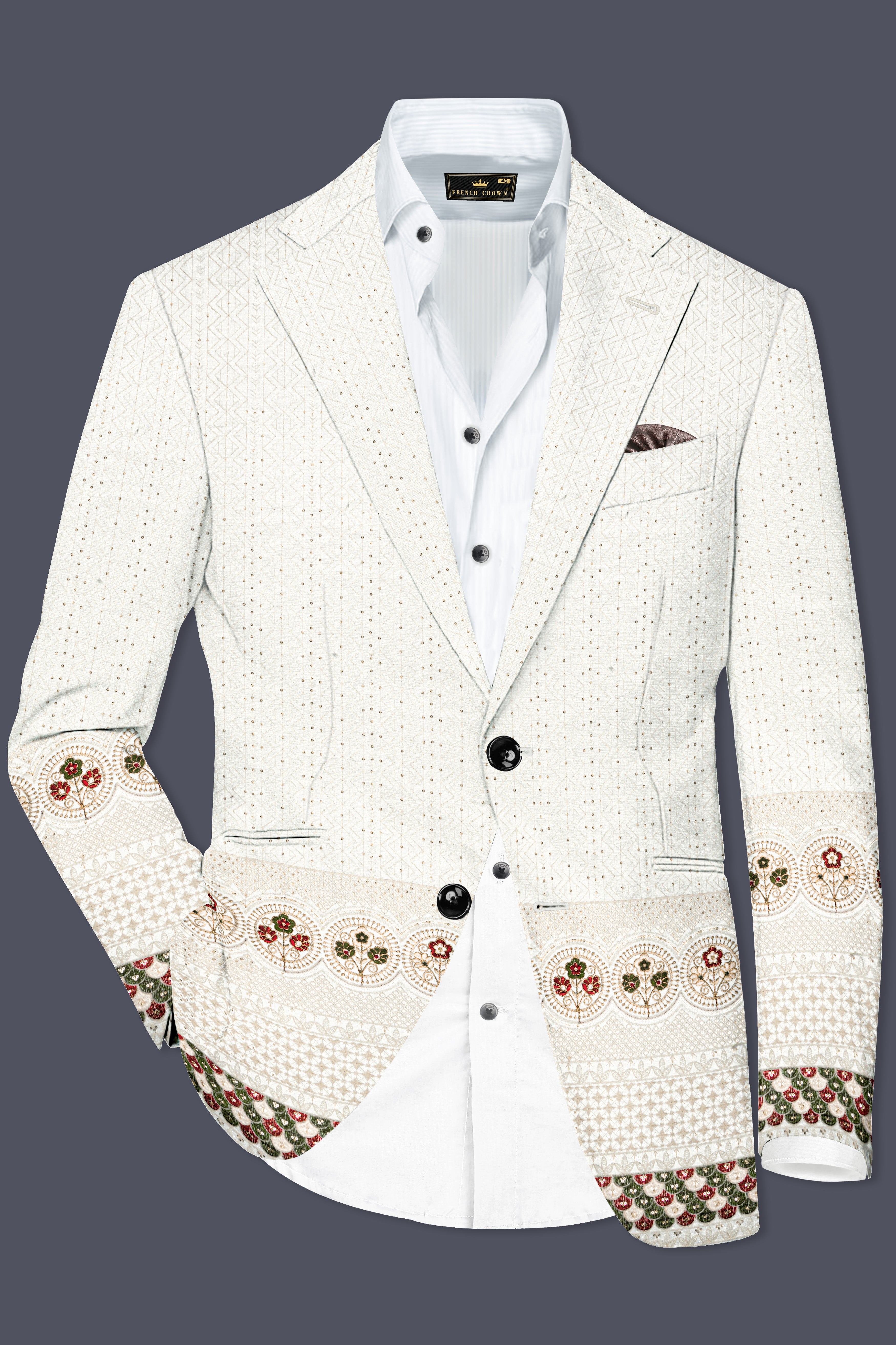 Off White And Metallic Red Multicolor Sequin and thread Embroidered Single Breasted Suit