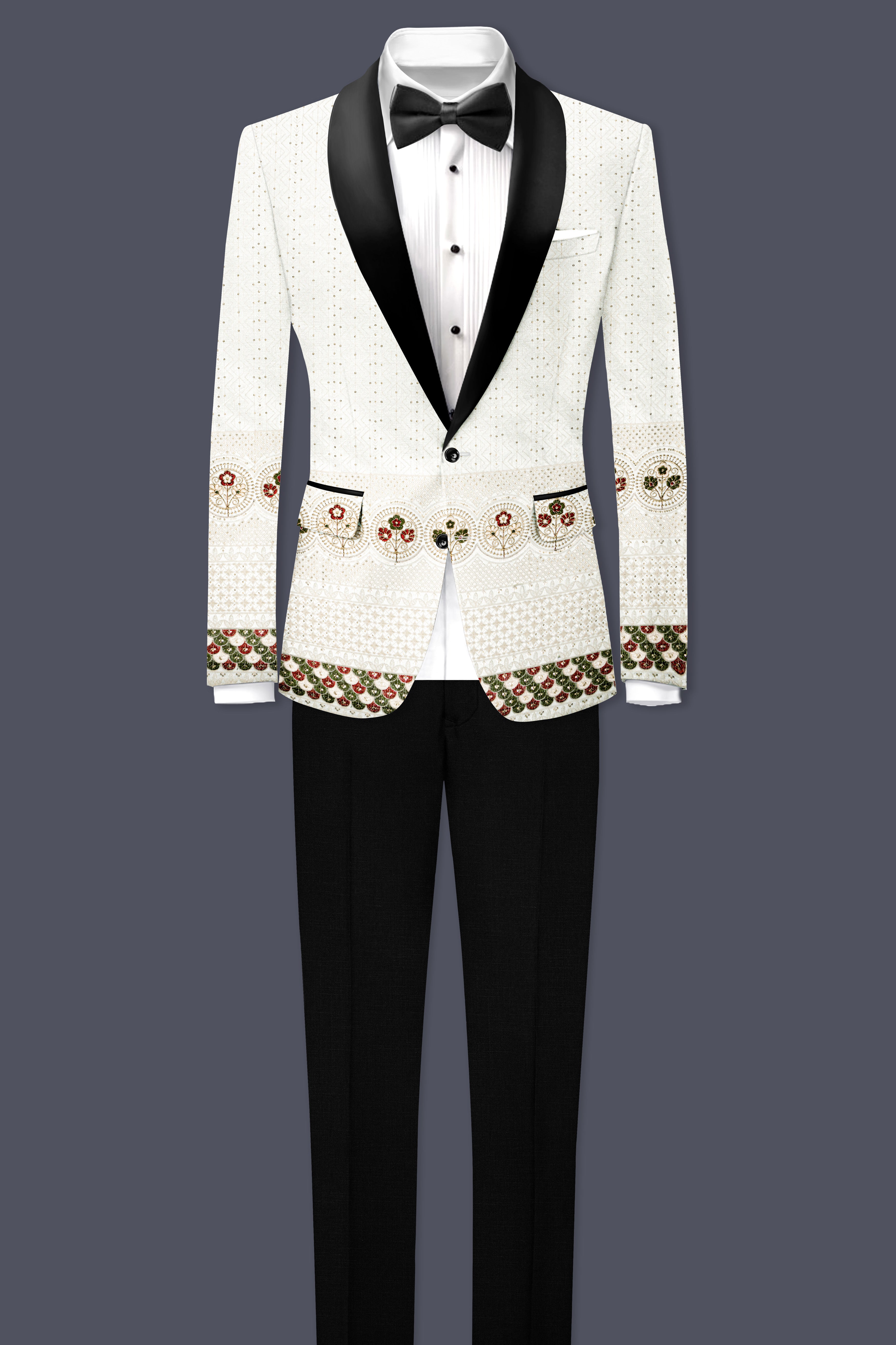 Off White And Metallic Red Multicolor Sequin and thread Embroidered Tuxedo Suit