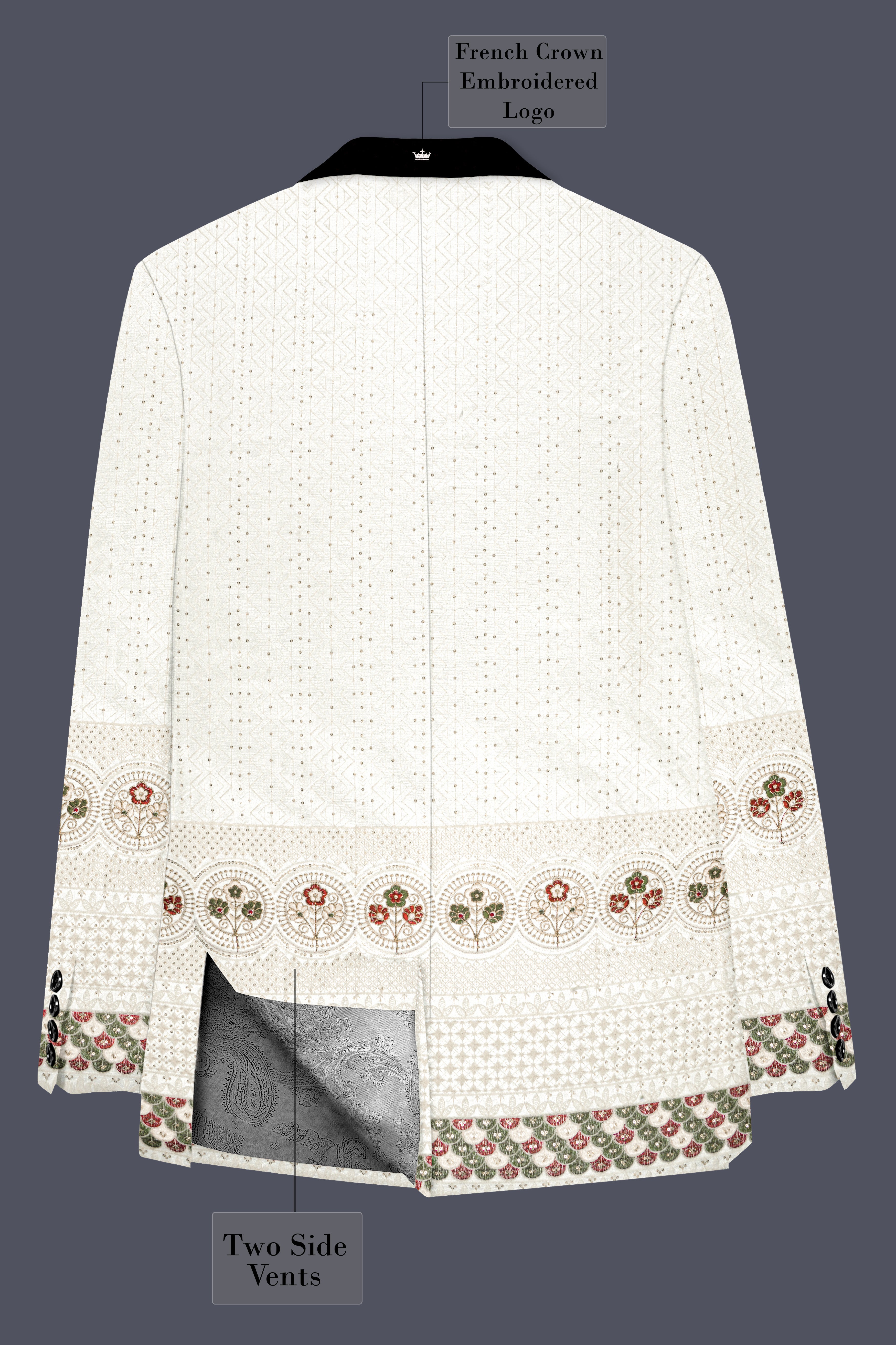 Off White And Metallic Red Multicolor Sequin and thread Embroidered Tuxedo Suit