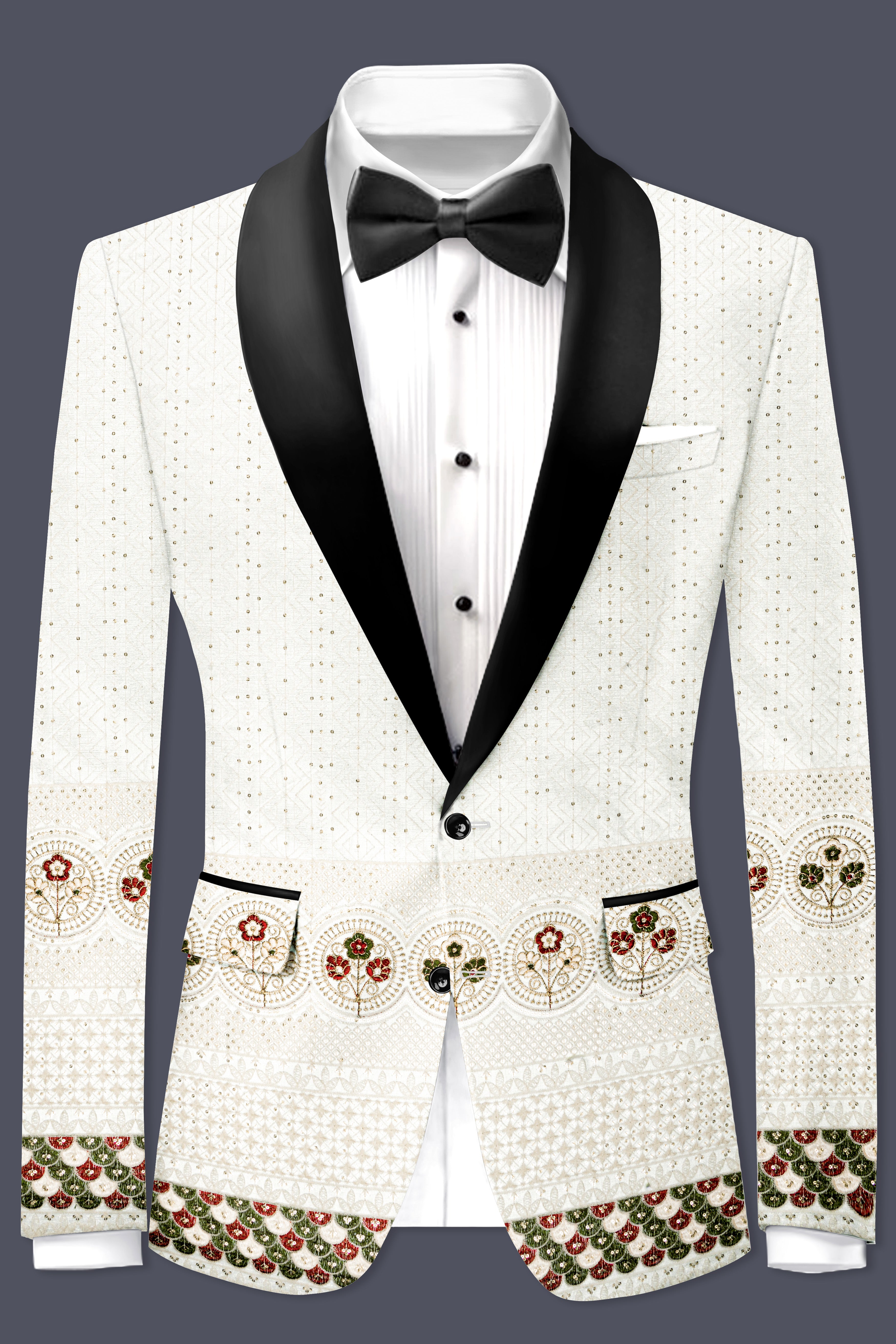 Off White And Metallic Red Multicolor Sequin and thread Embroidered Tuxedo Suit
