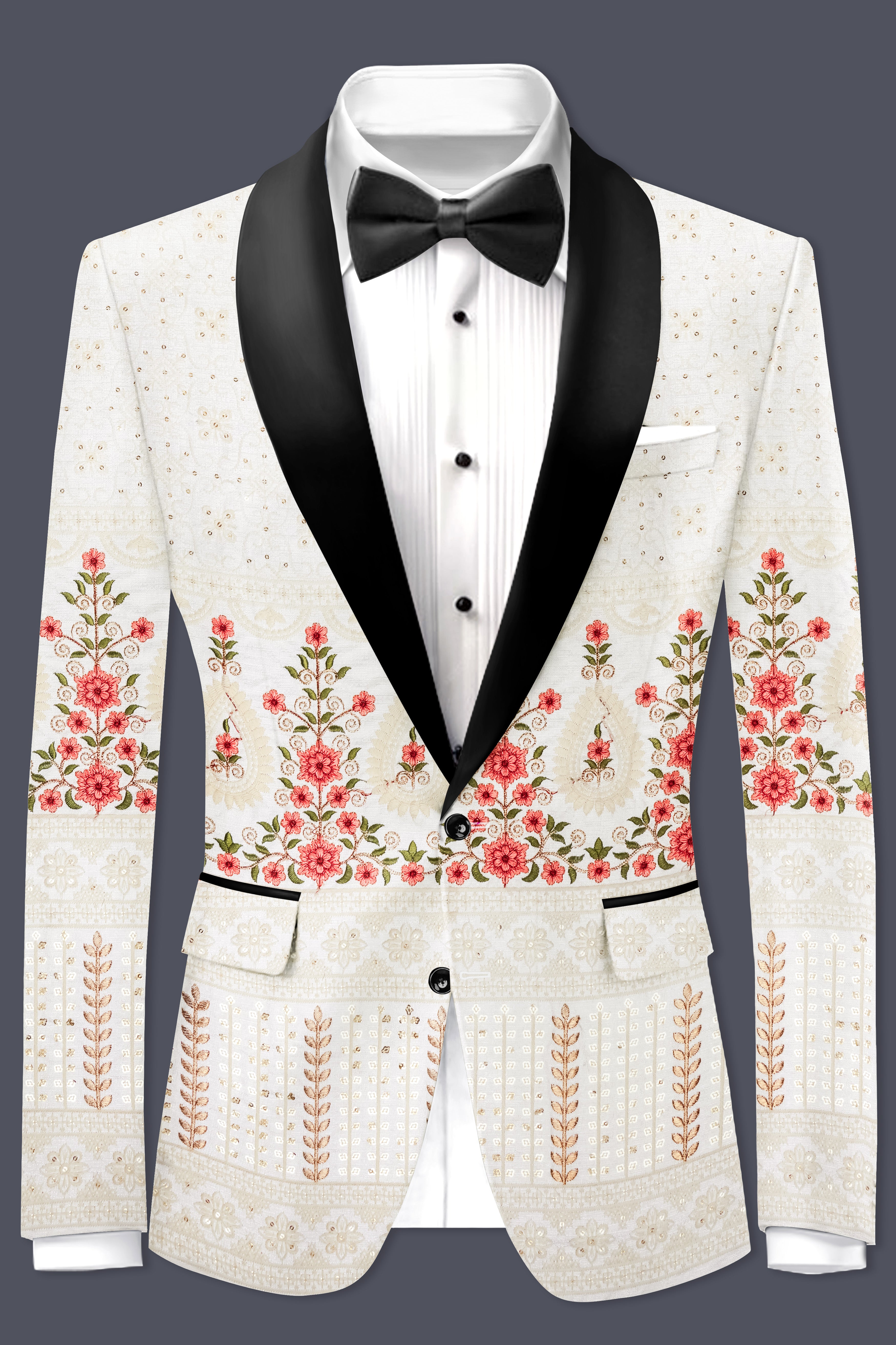Almond Off White And Salmon Pink Sequin and thread Embroidered Tuxedo Suit