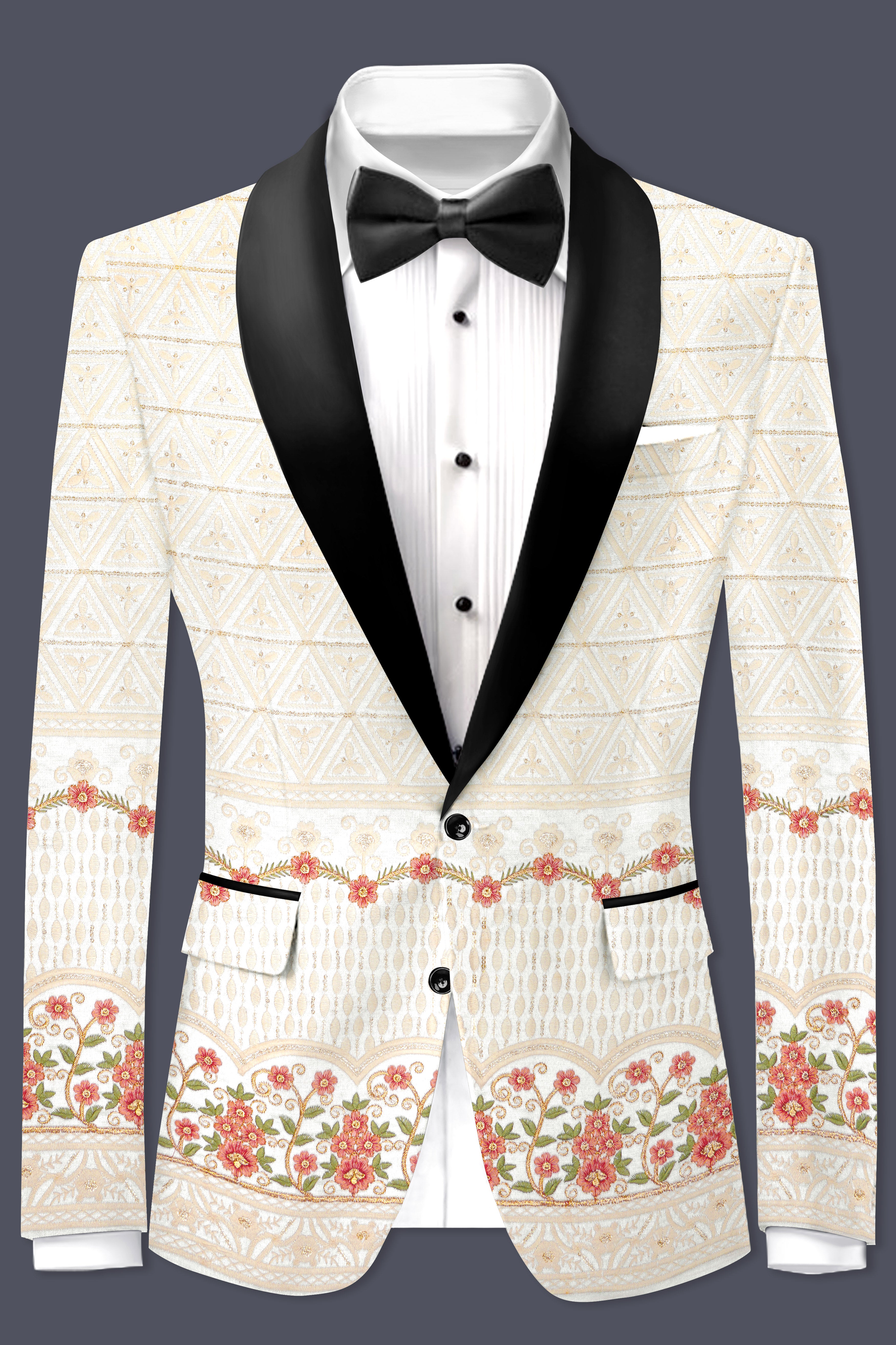 Fantasy Off White And Blush Pink Sequin and thread Embroidered Tuxedo Suit