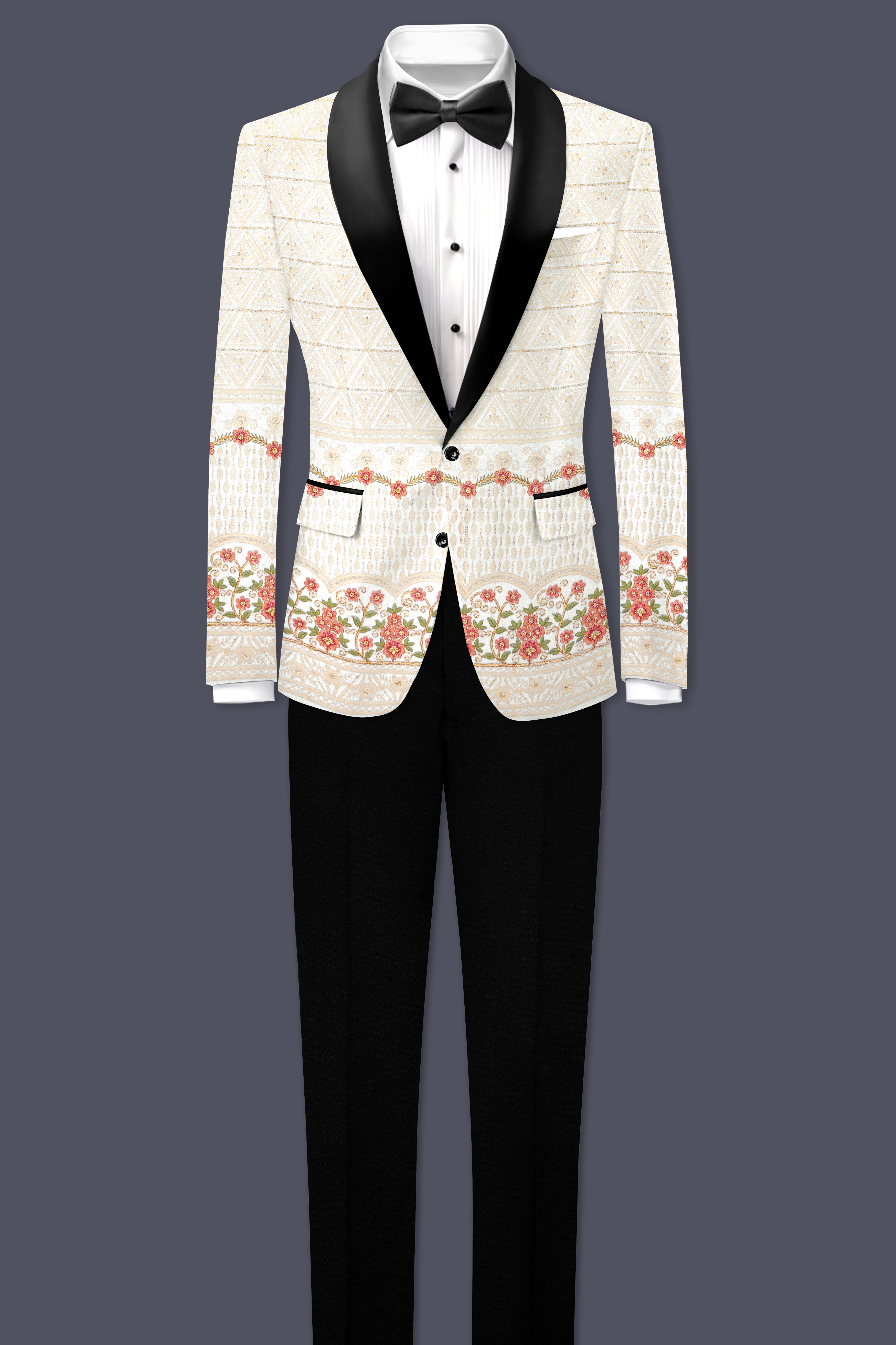 Fantasy Off White And Blush Pink Sequin and thread Embroidered Tuxedo Suit