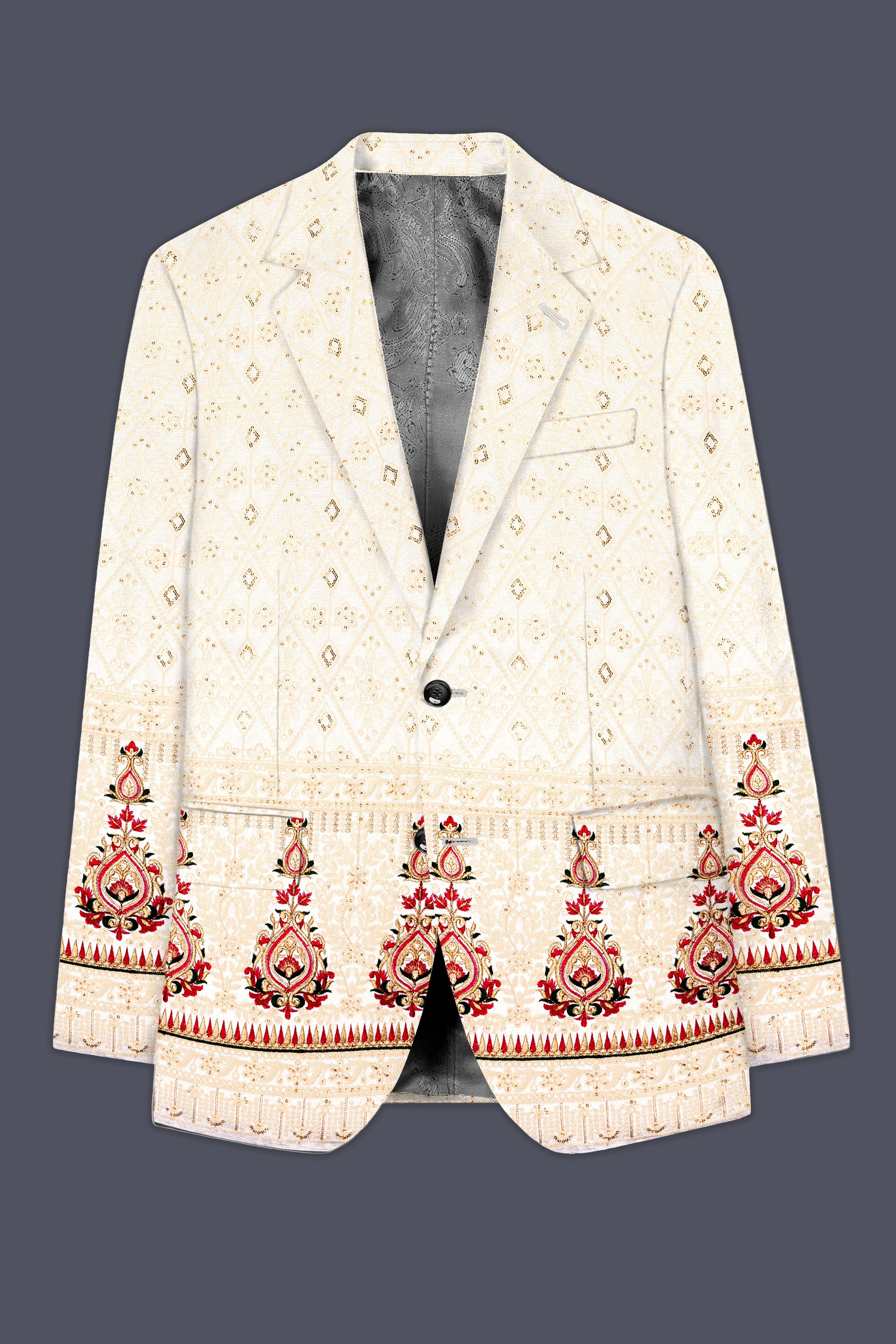 Marino Cream And Crimson Red Sequin and thread Embroidered Single Breasted Suit