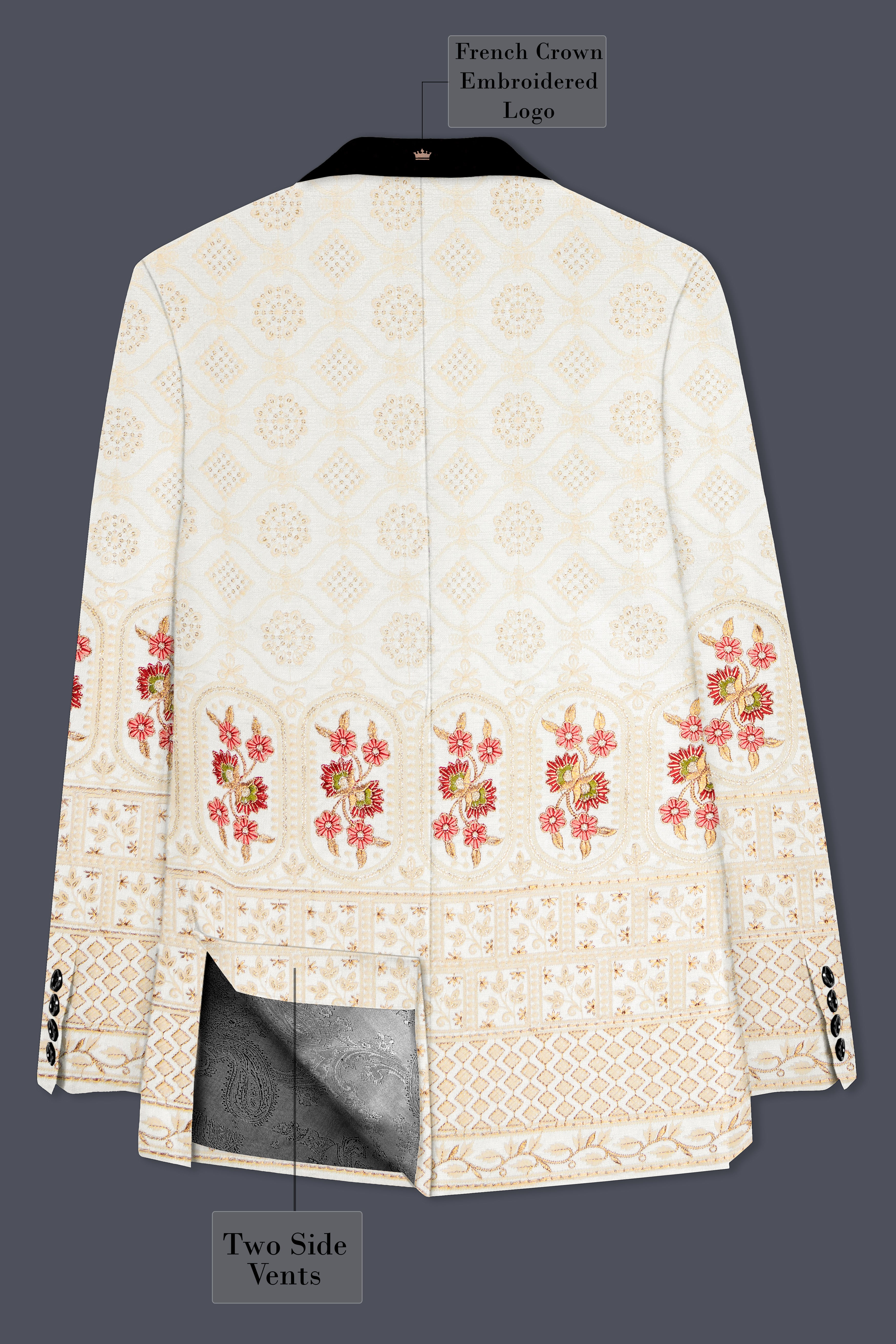 Ecru Off White And Peachy Pink Sequin and thread Embroidered Tuxedo Suit