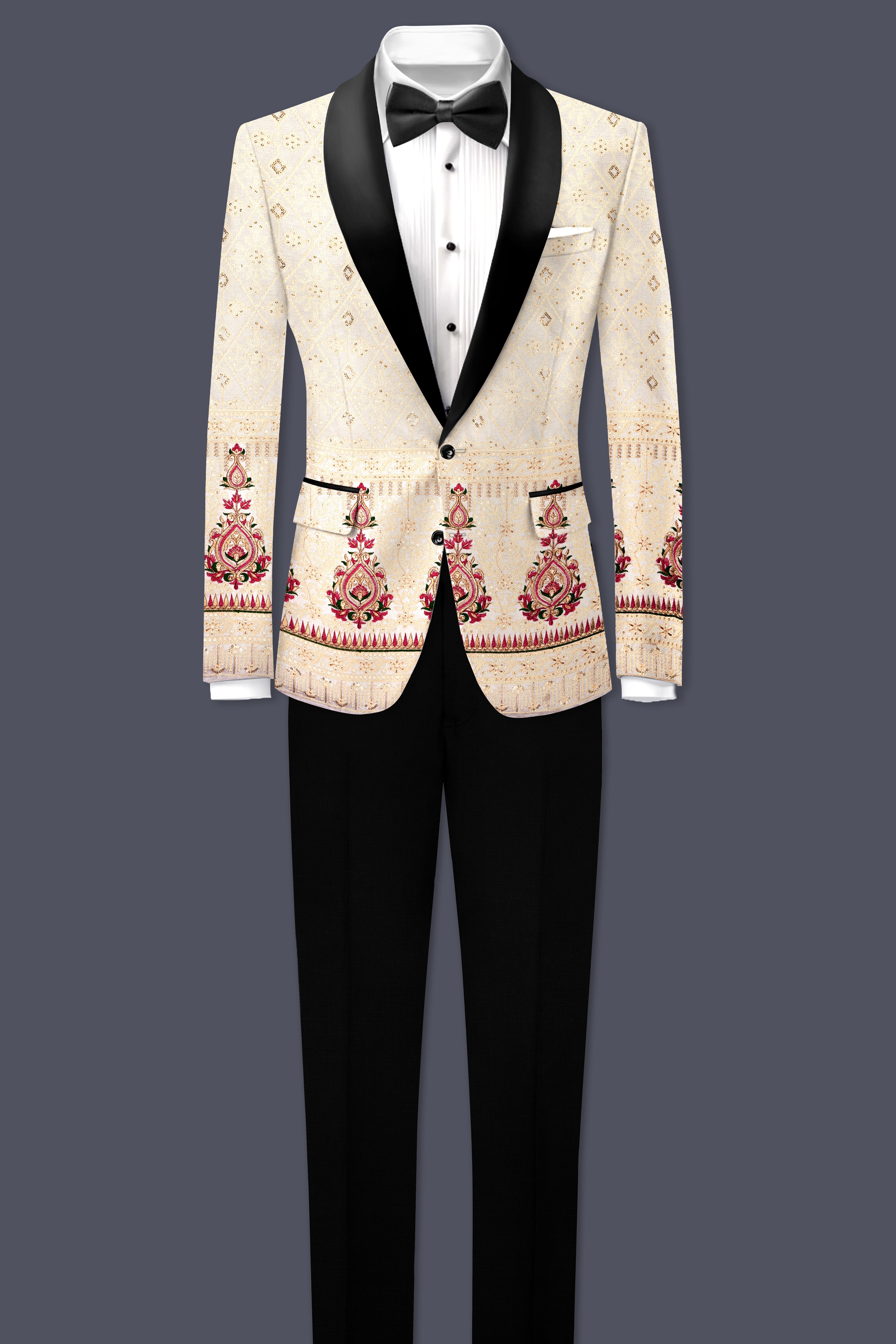 Marino Cream And Crimson Red Sequin and thread Embroidered Tuxedo Suit