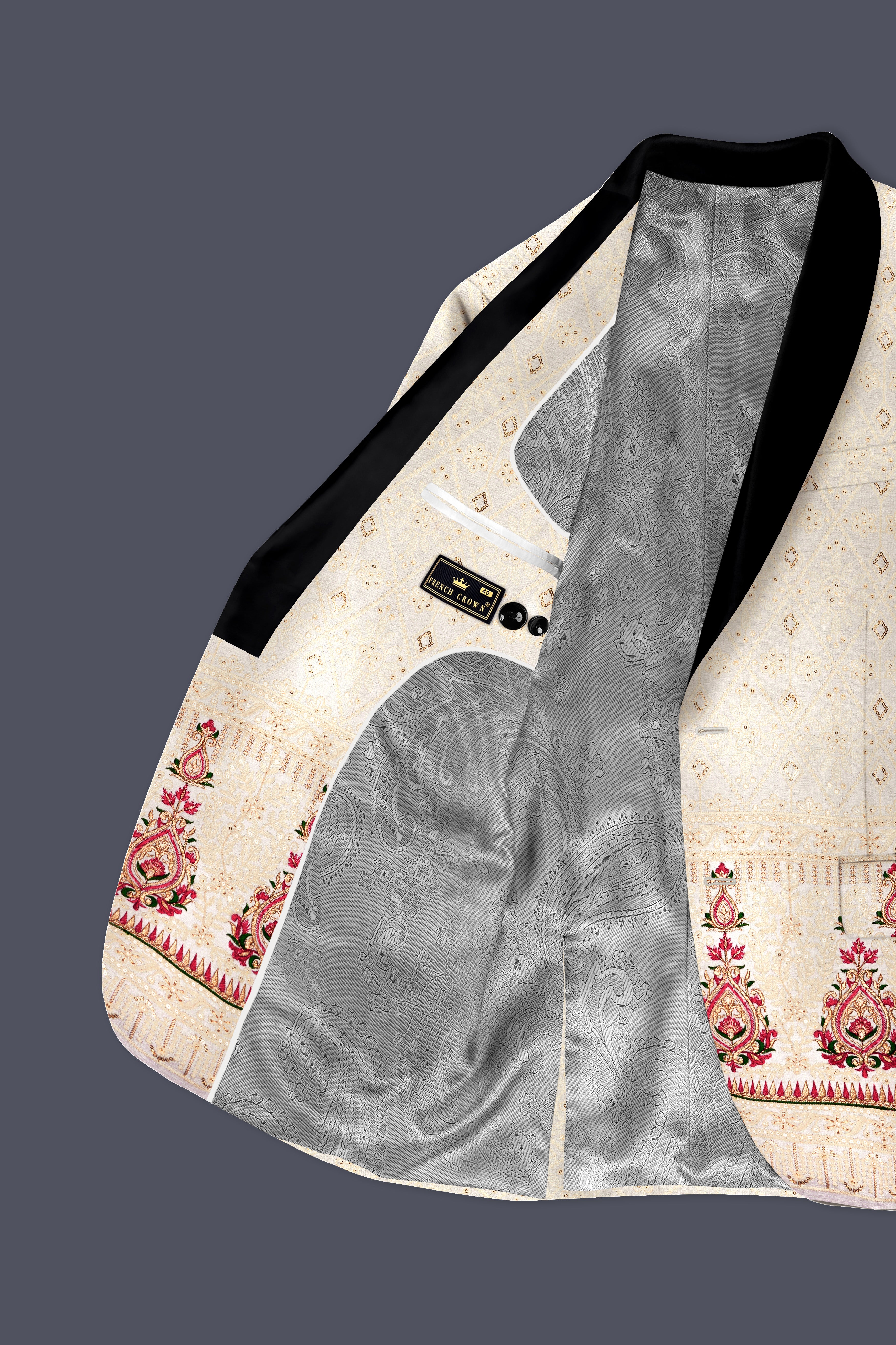 Marino Cream And Crimson Red Sequin and thread Embroidered Tuxedo Suit