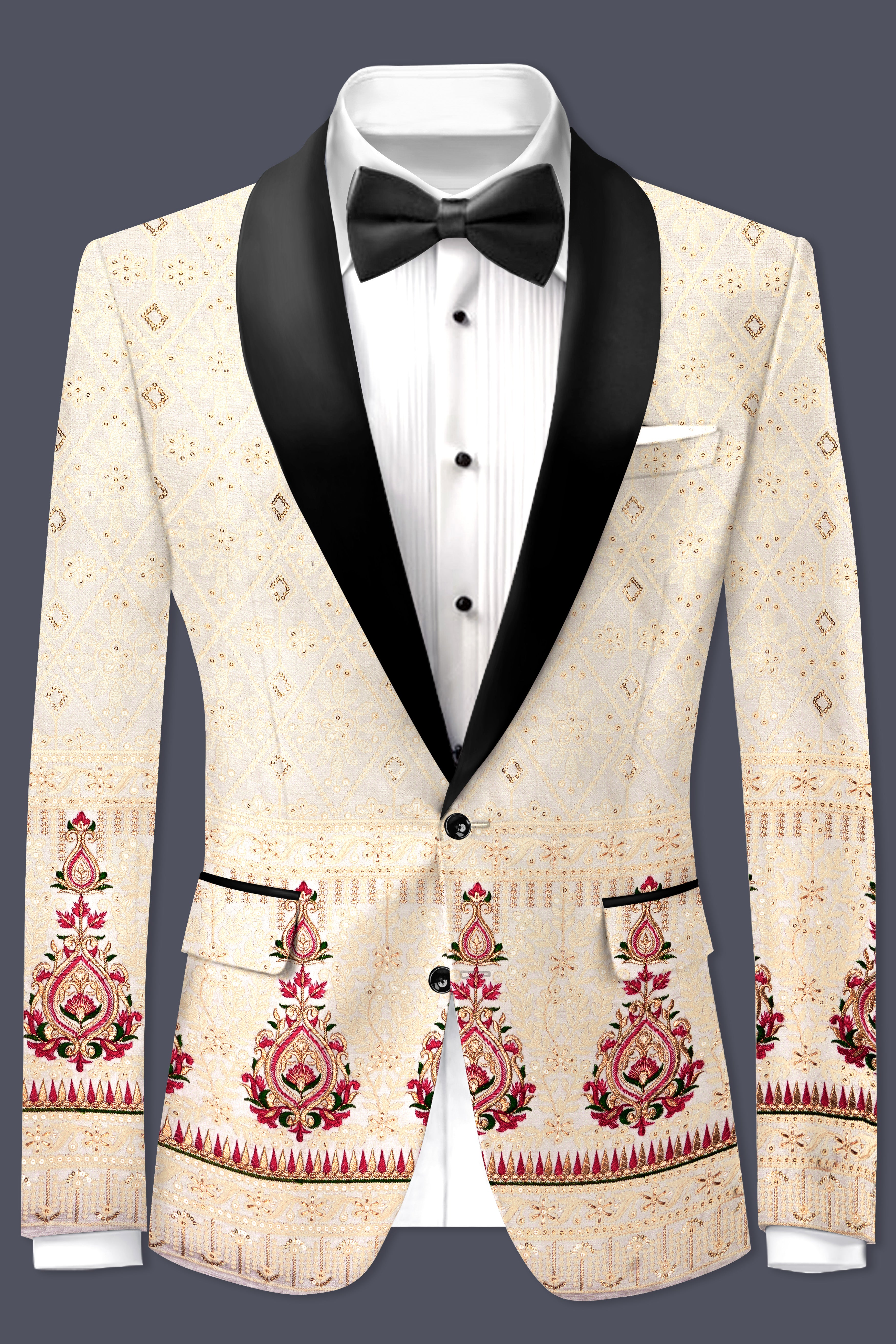 Marino Cream And Crimson Red Sequin and thread Embroidered Tuxedo Suit