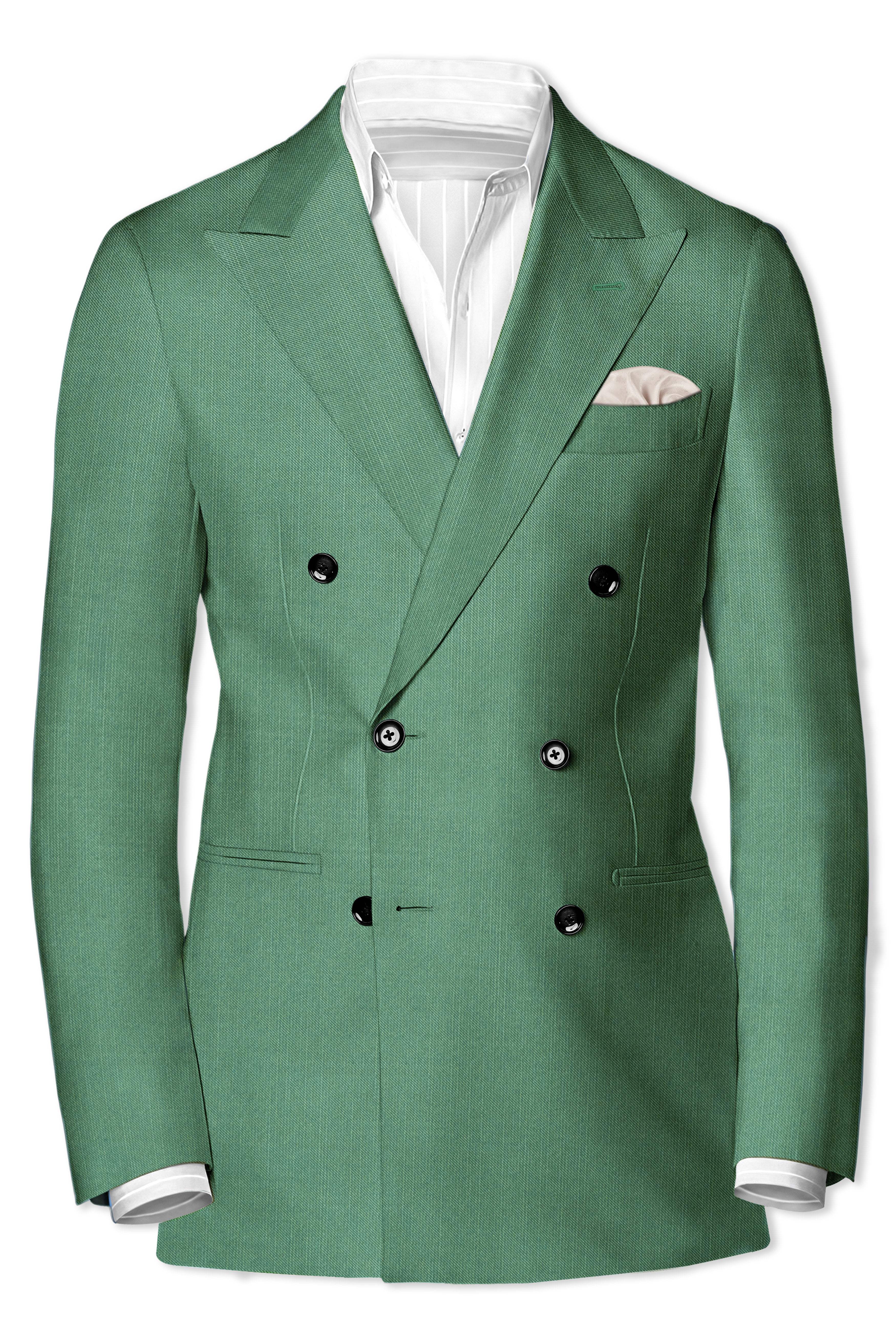 Viridian Green Solid Wool Rich Double Breasted Slight Stretch Suit