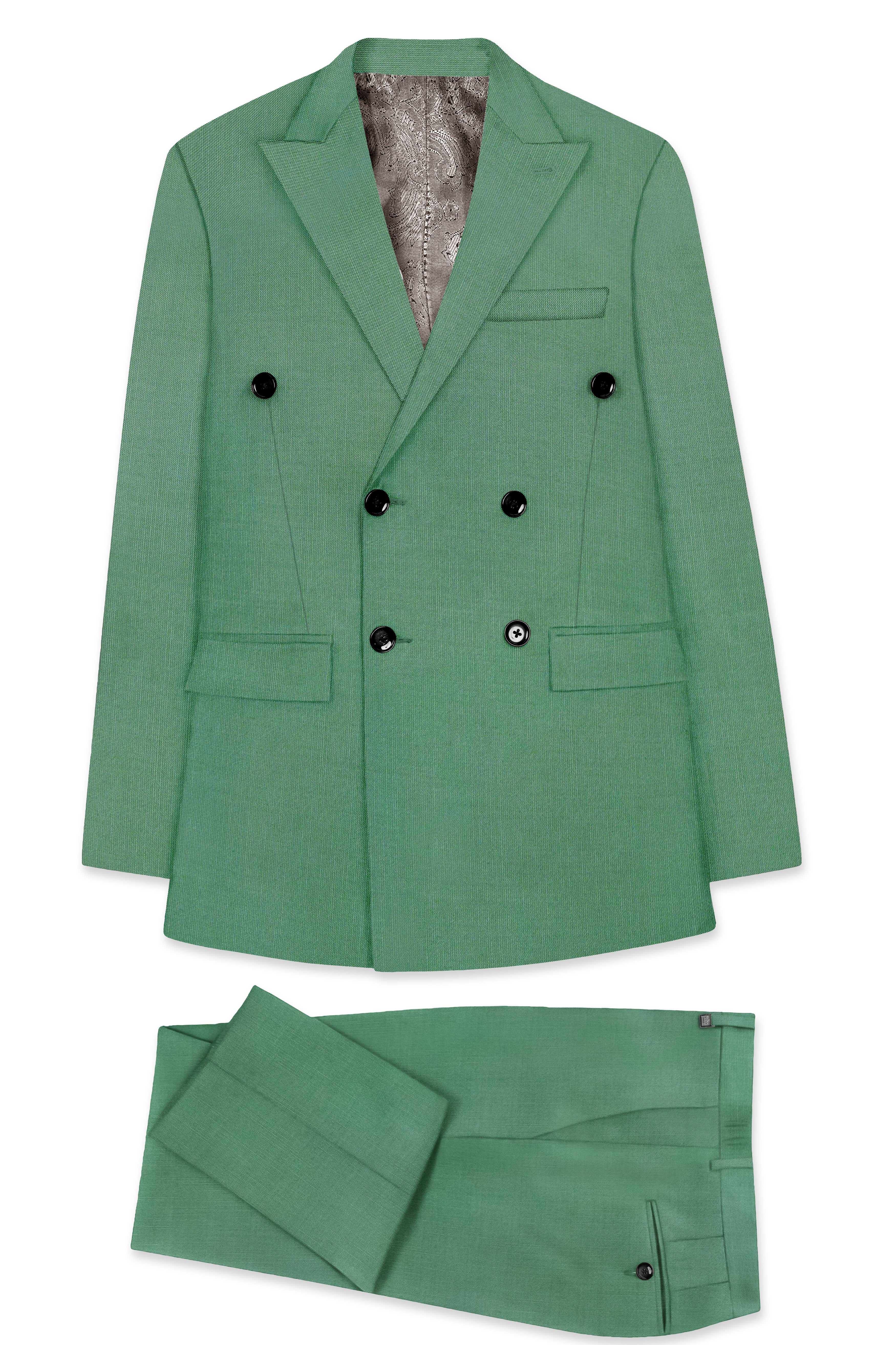 Viridian Green Solid Wool Rich Double Breasted Slight Stretch Suit