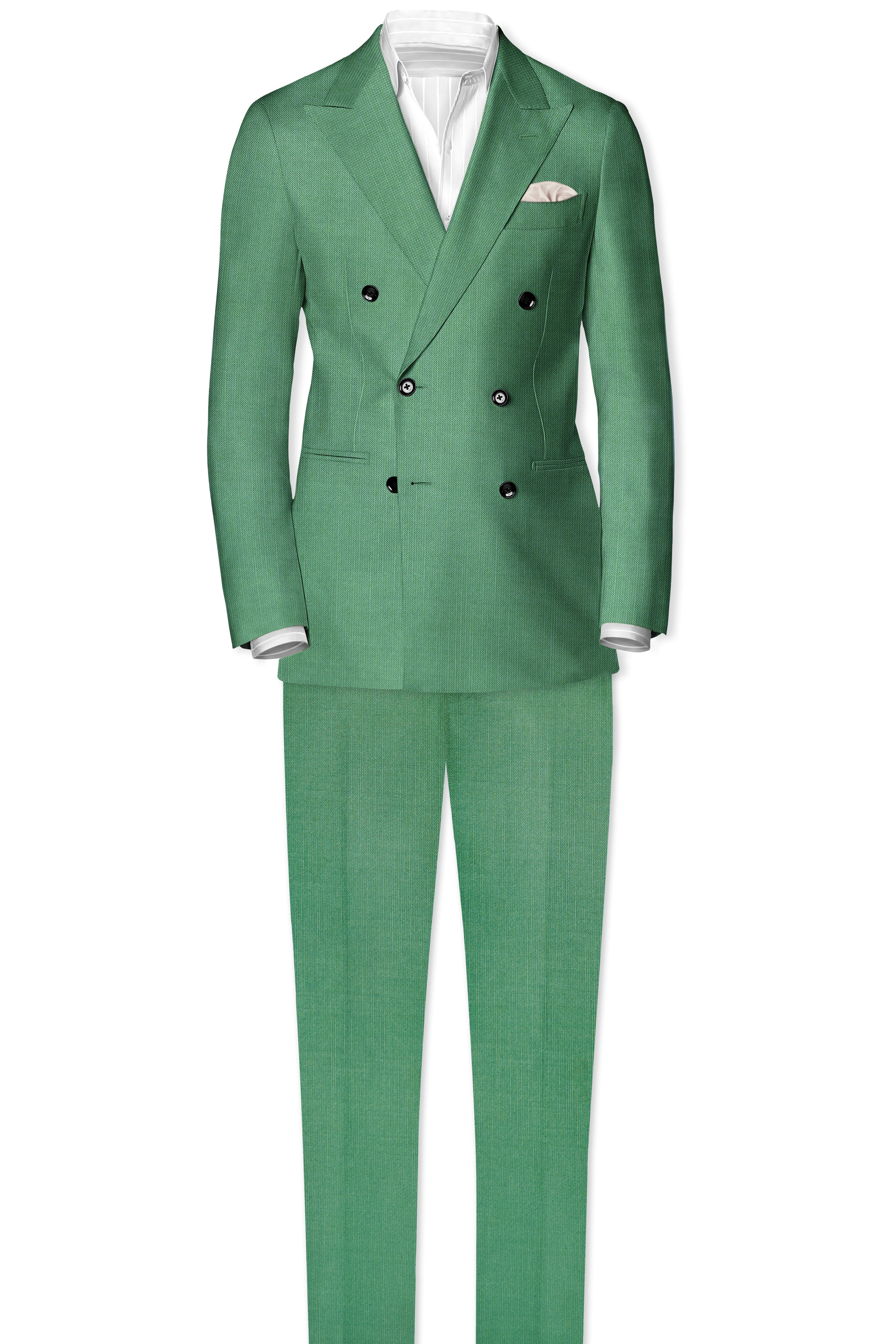 Viridian Green Solid Wool Rich Double Breasted Slight Stretch Suit