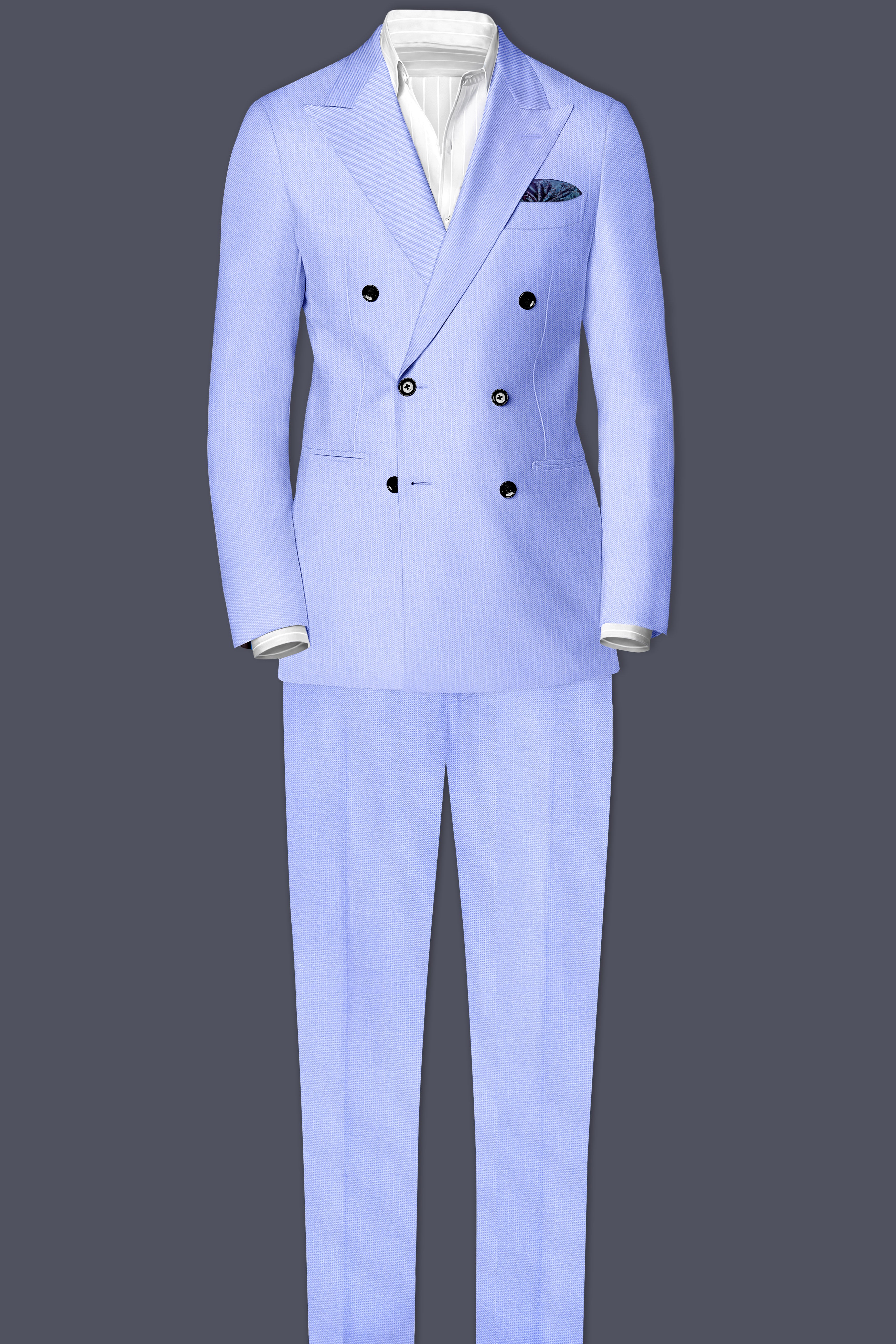 Periwinkle Blue Solid Wool Rich Double Breasted Slight Stretch Suit
