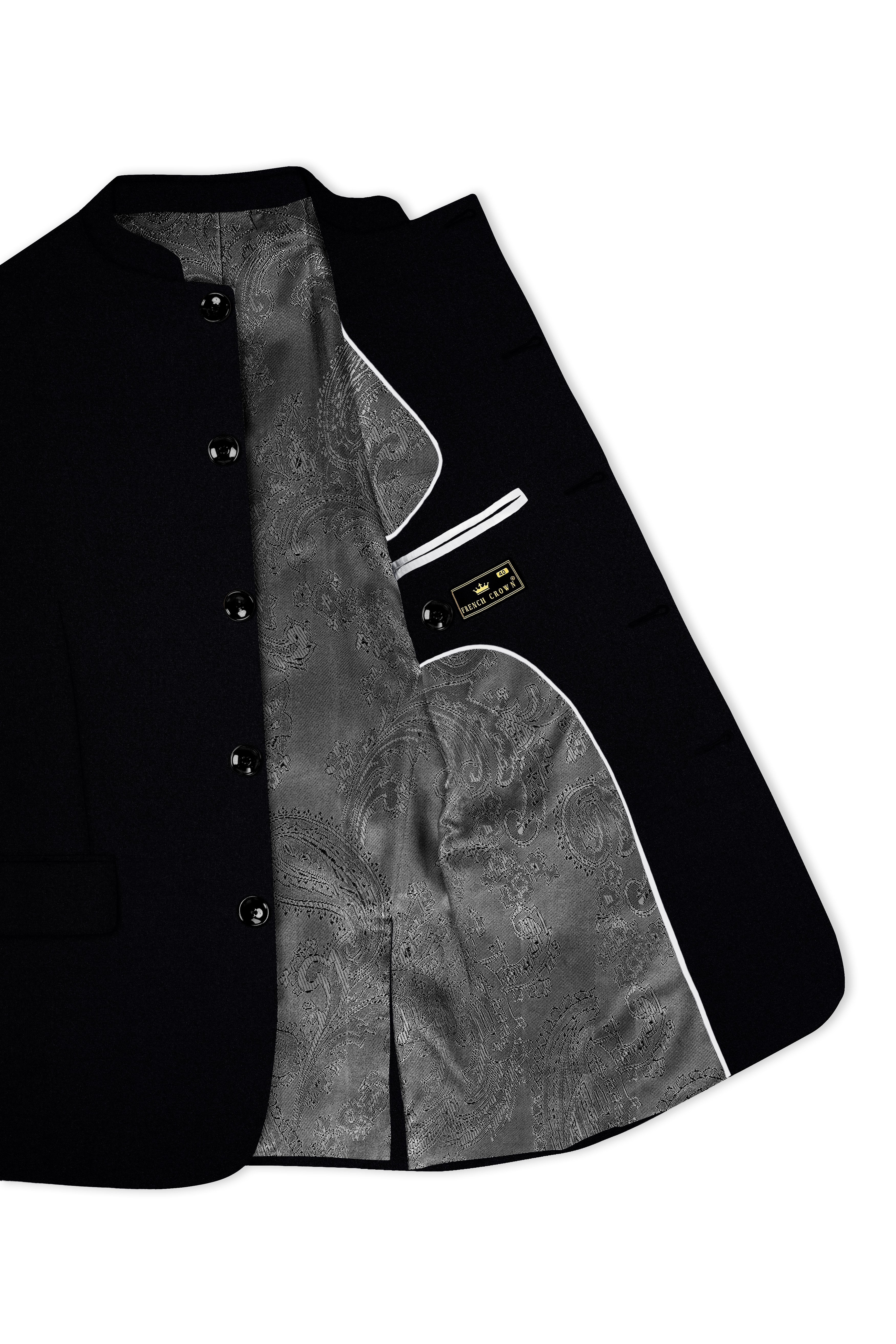 Noirex-Korean Black (The Best Black We Have) Wool Rich Bandhgala Slight Stretch Suit