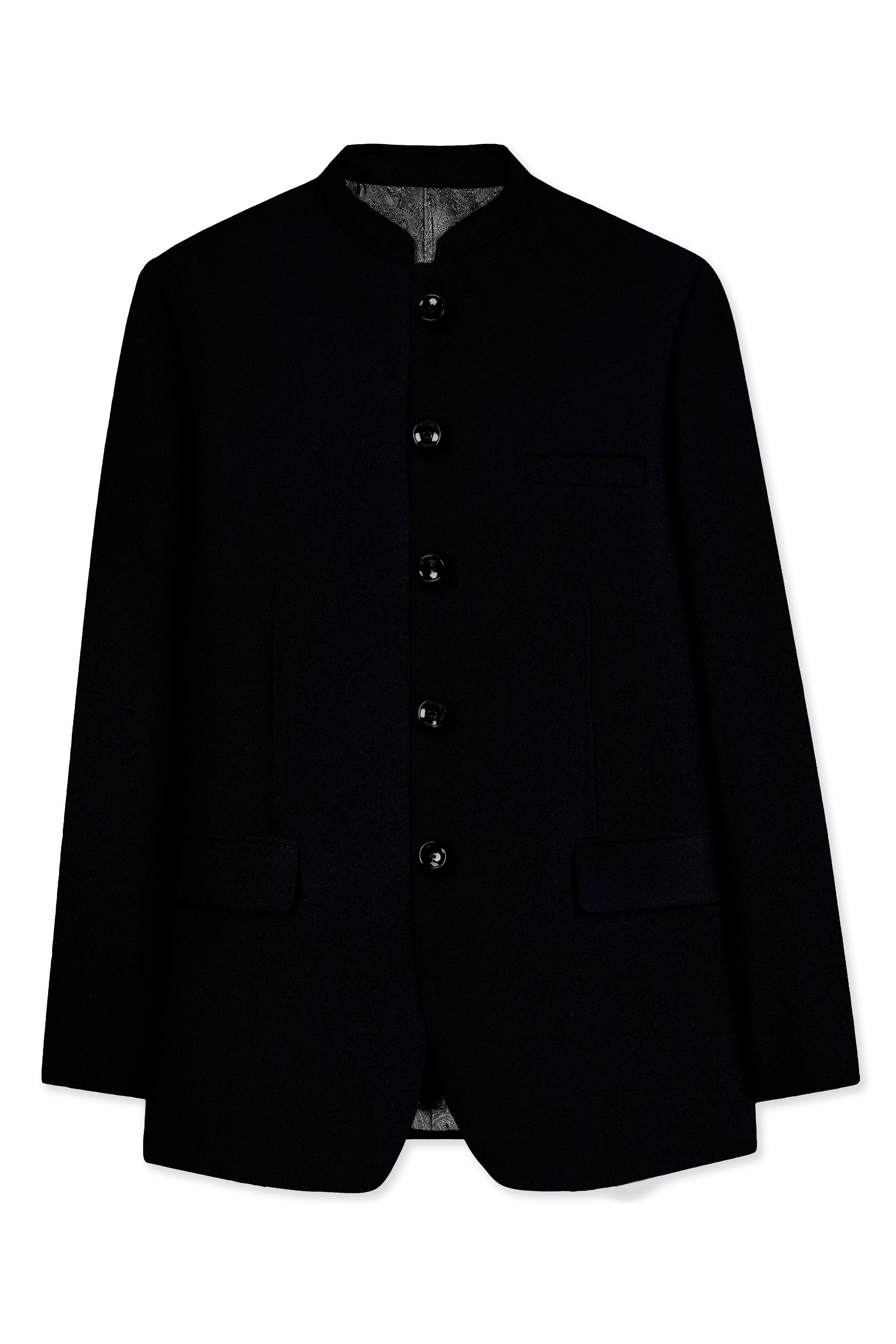 Noirex-Korean Black (The Best Black We Have) Wool Rich Bandhgala Slight Stretch Suit