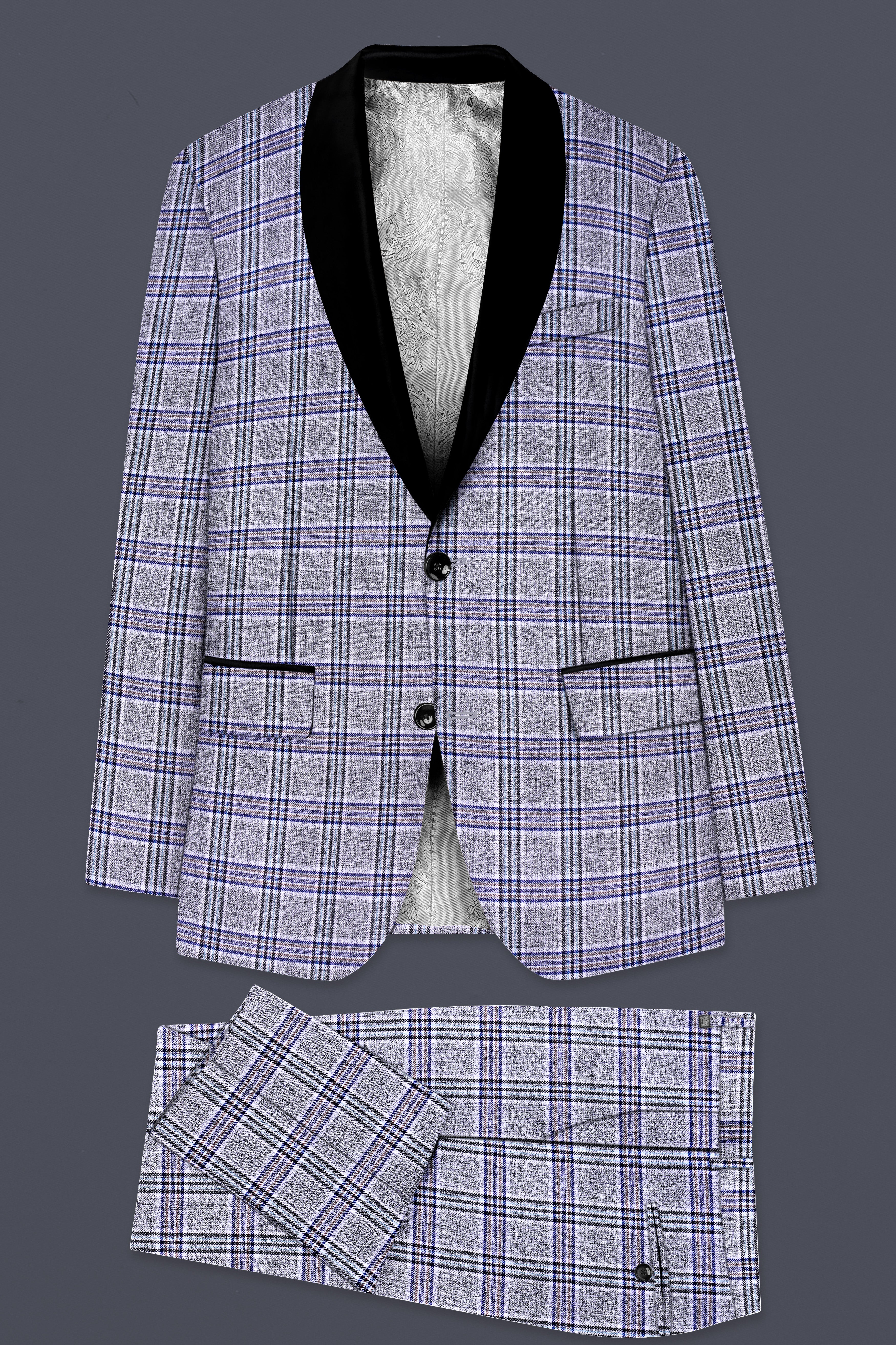Pladiel-StarDust Gray with Martinique Blue Plaid Wool Rich Tuxedo Suit