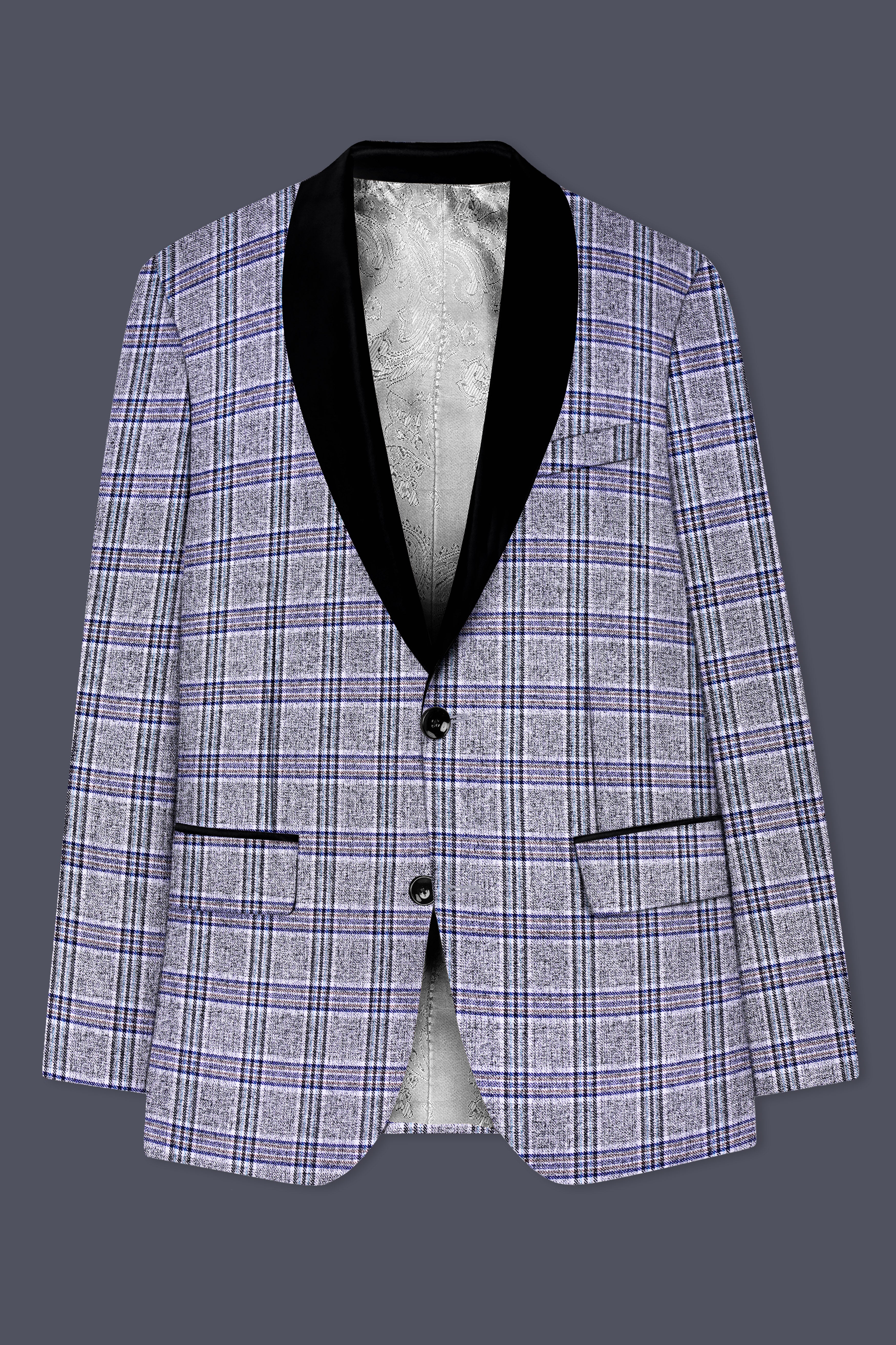 Pladiel-StarDust Gray with Martinique Blue Plaid Wool Rich Tuxedo Suit