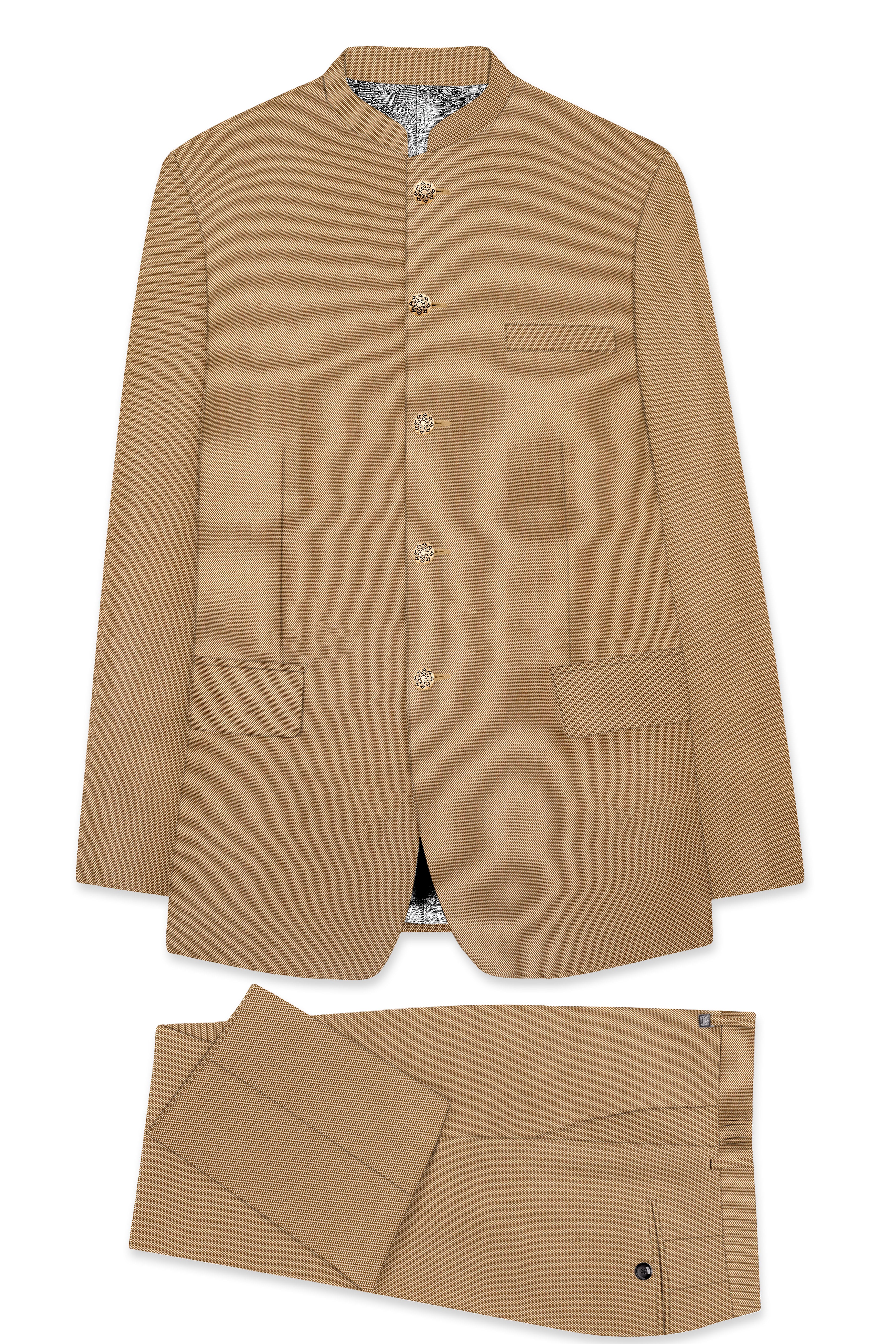 Aurenzo-Muesli Brown Textured Wool Rich Bandhgala Suit