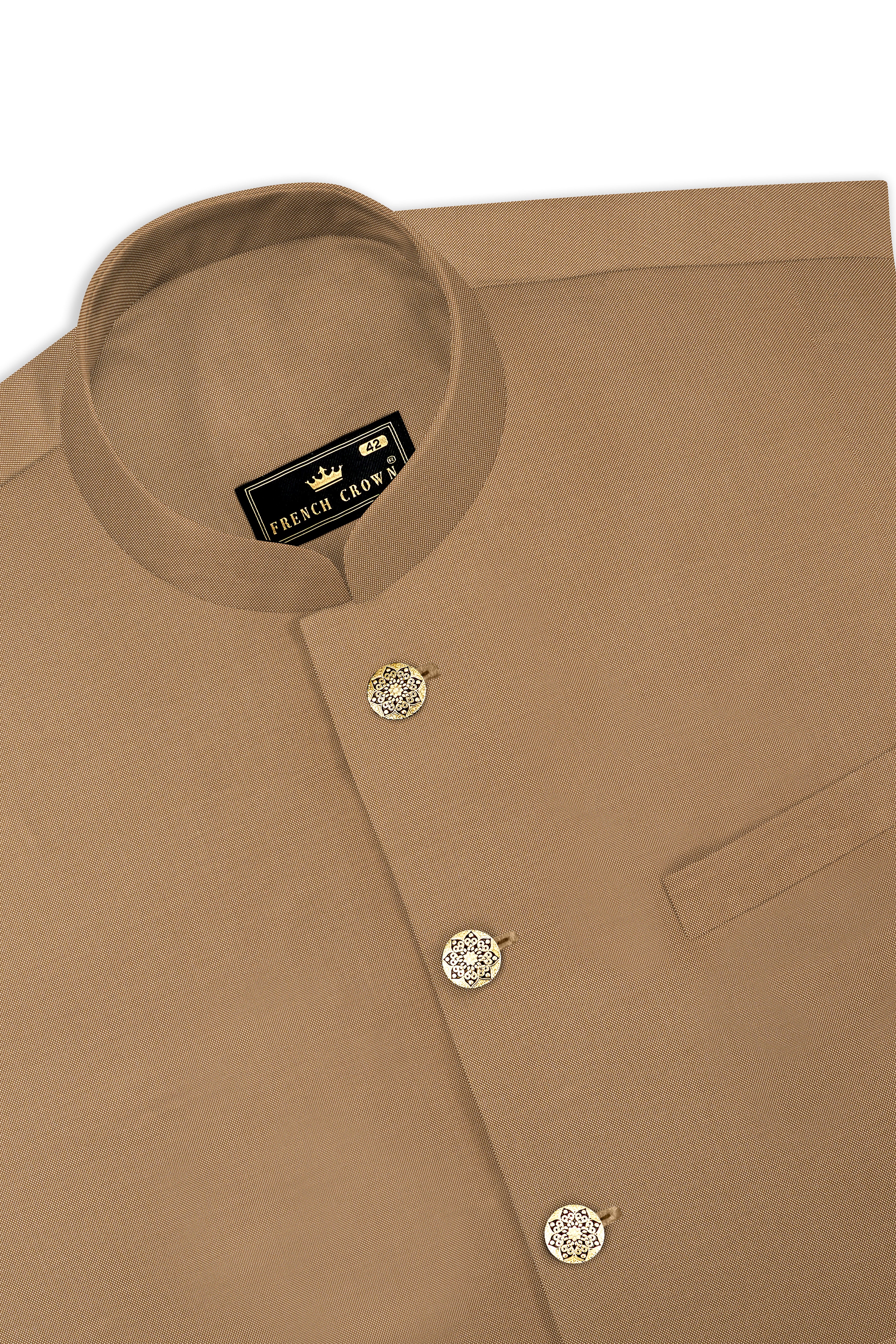 Aurenzo-Muesli Brown Textured Wool Rich Bandhgala Suit
