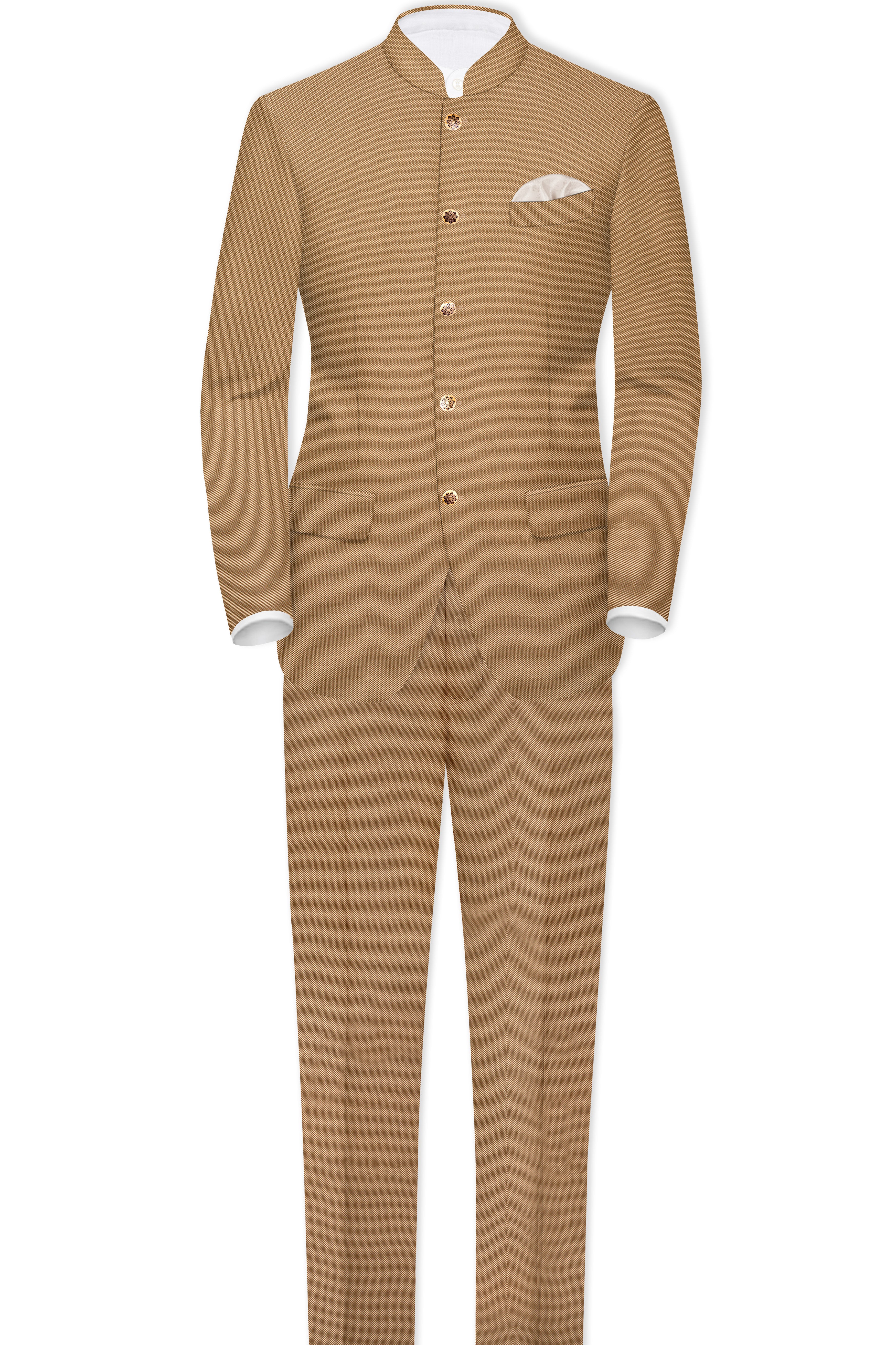 Aurenzo-Muesli Brown Textured Wool Rich Bandhgala Suit