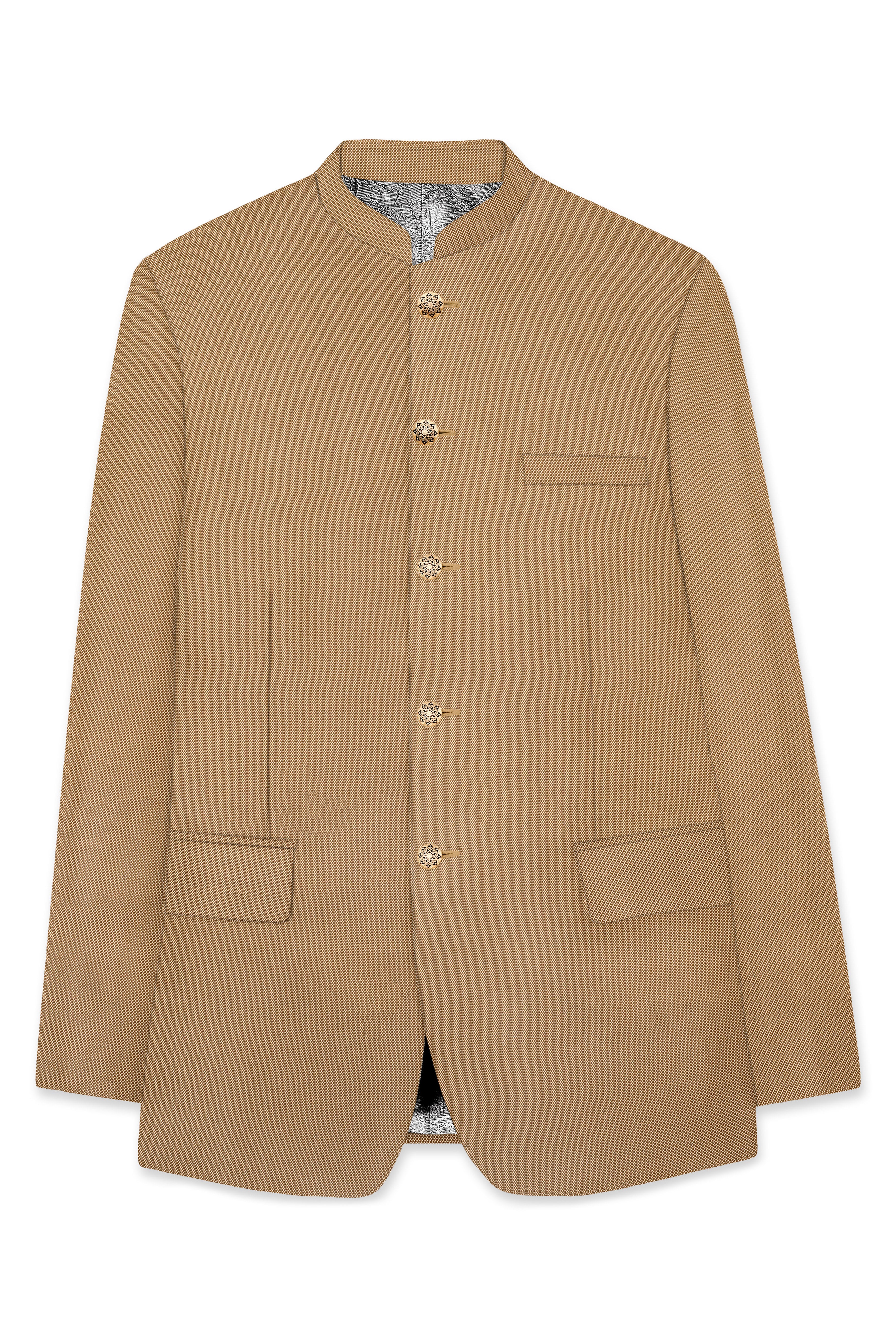 Aurenzo-Muesli Brown Textured Wool Rich Bandhgala Suit