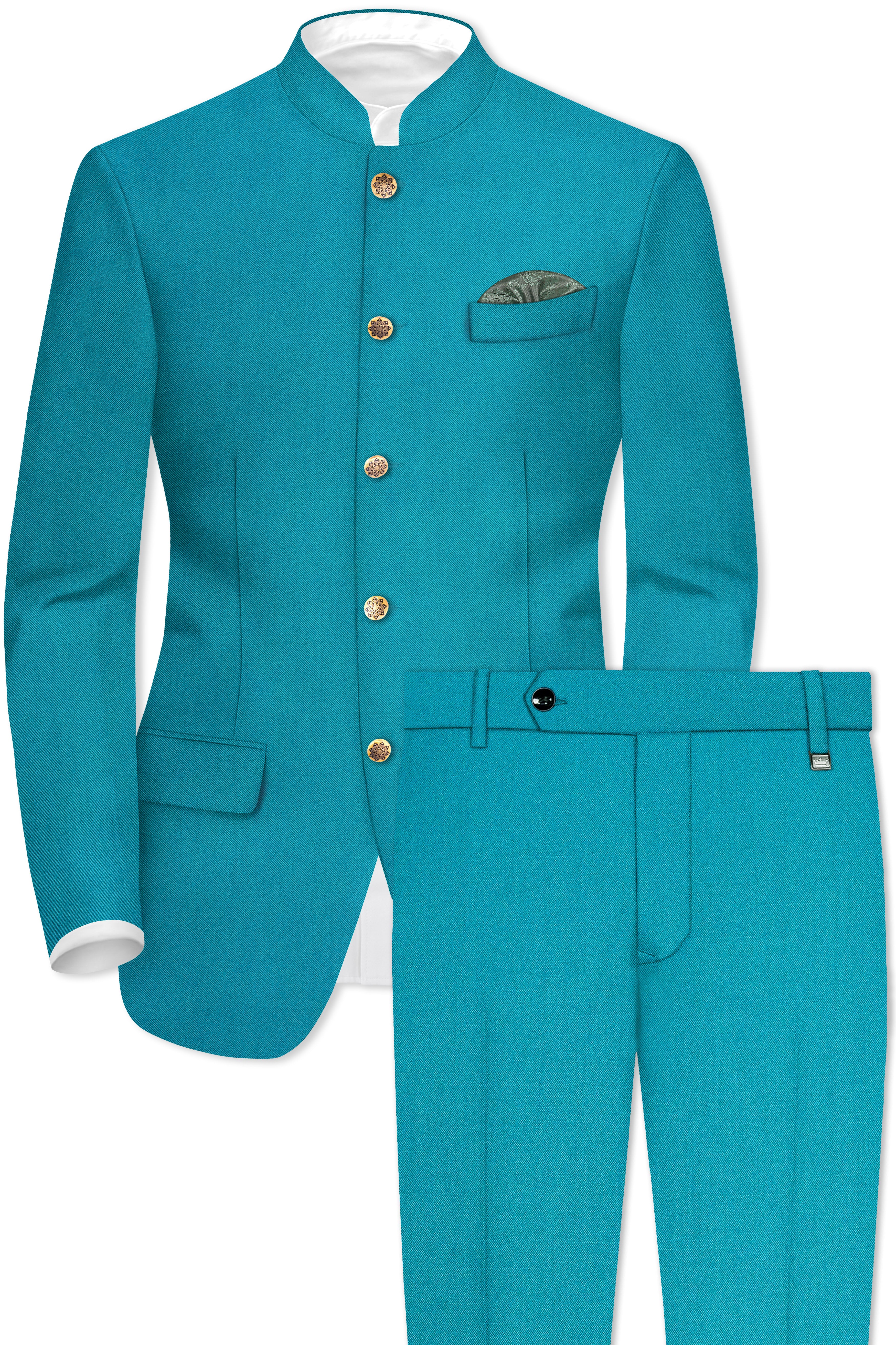 Zephir-Surfie Green Wool Rich Bandhgala Slight Stretch Suit
