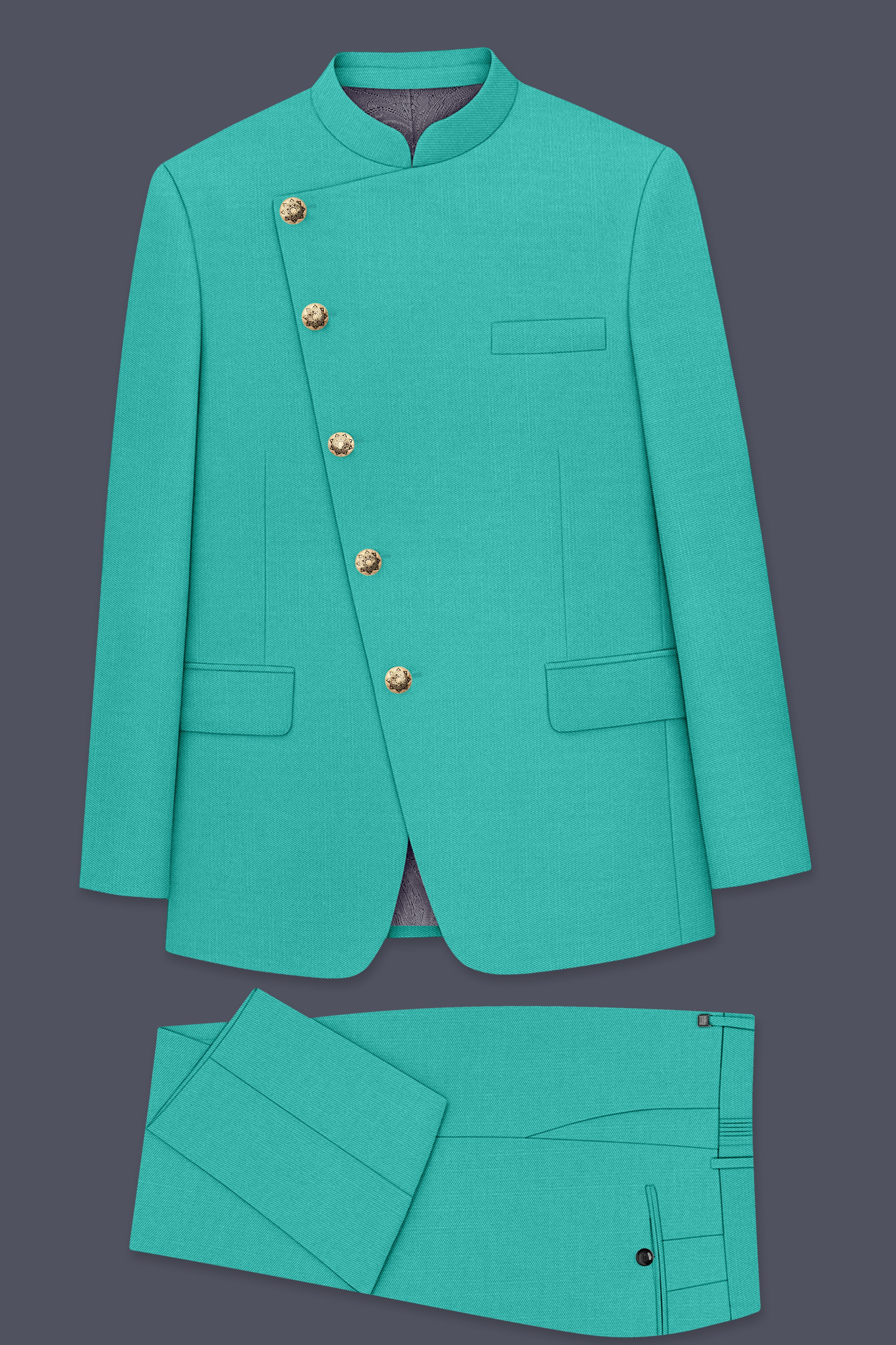 Aegir-Viking Blue Wool Rich Cross Placket Bandhgala Slight Stretch Suit
