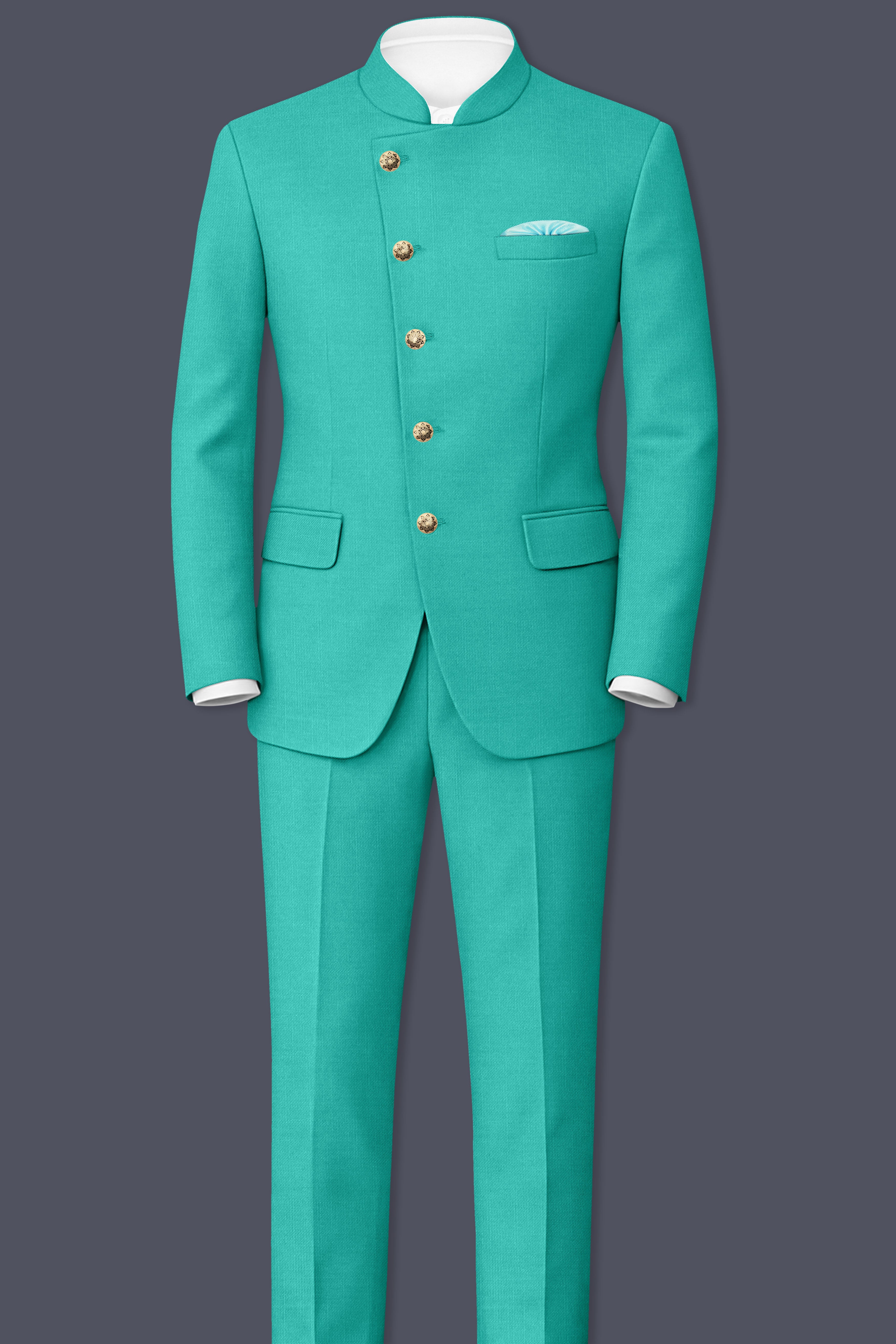 Aegir-Viking Blue Wool Rich Cross Placket Bandhgala Slight Stretch Suit