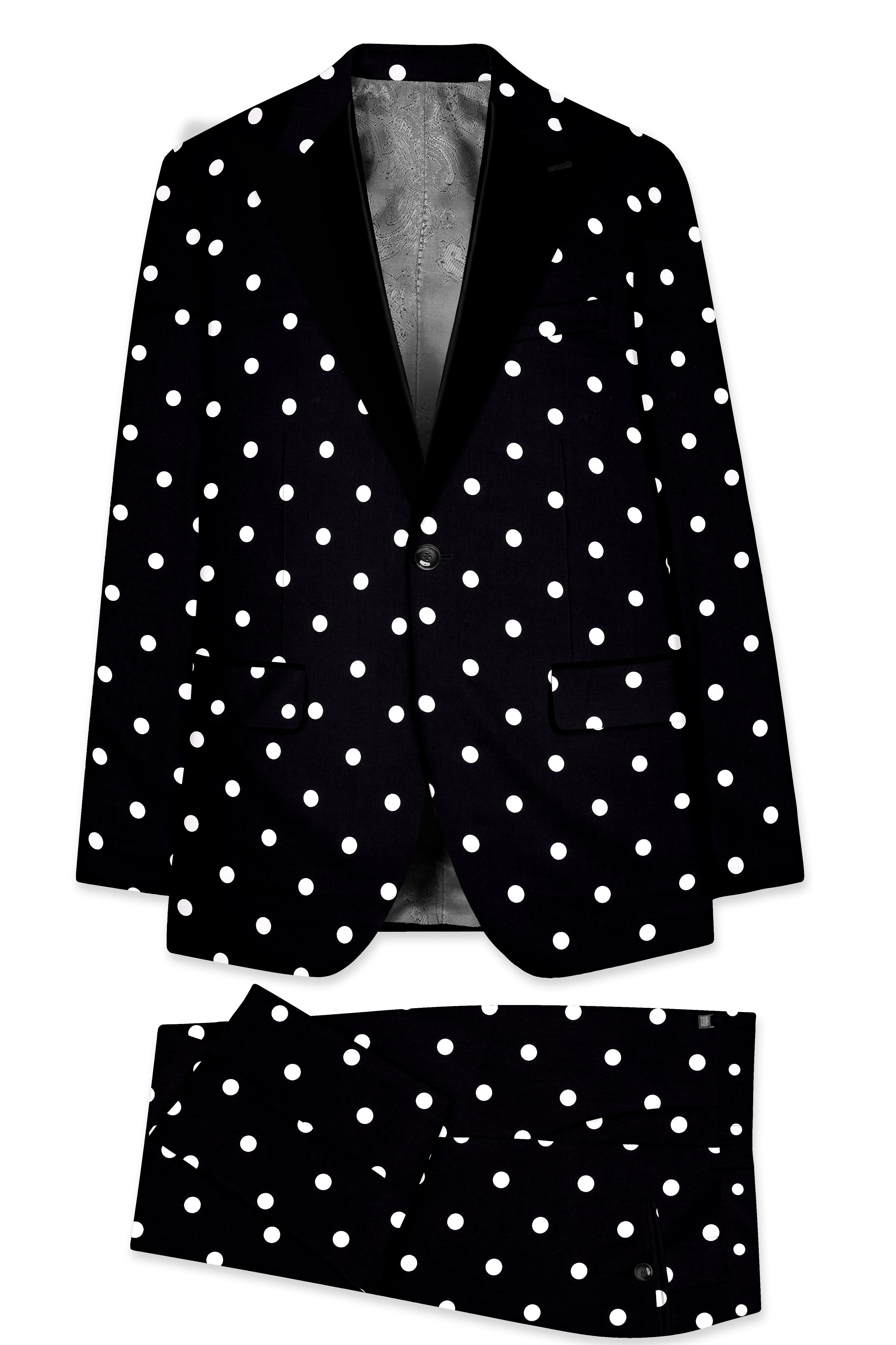 Noirdot-Jade Black Polka Dots Printed Premium Cotton Peak Lapel Tuxedo Suit