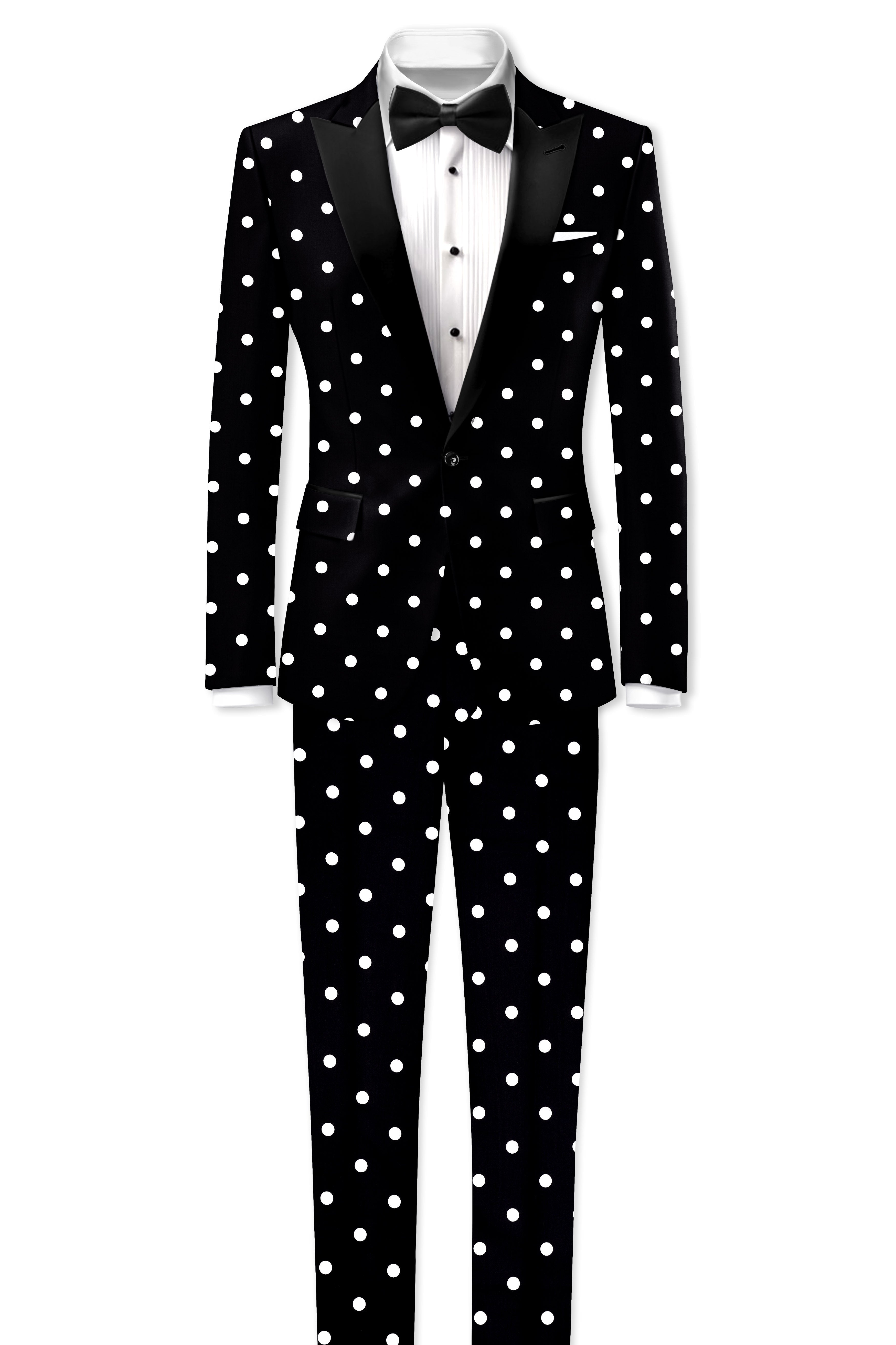 Noirdot-Jade Black Polka Dots Printed Premium Cotton Peak Lapel Tuxedo Suit