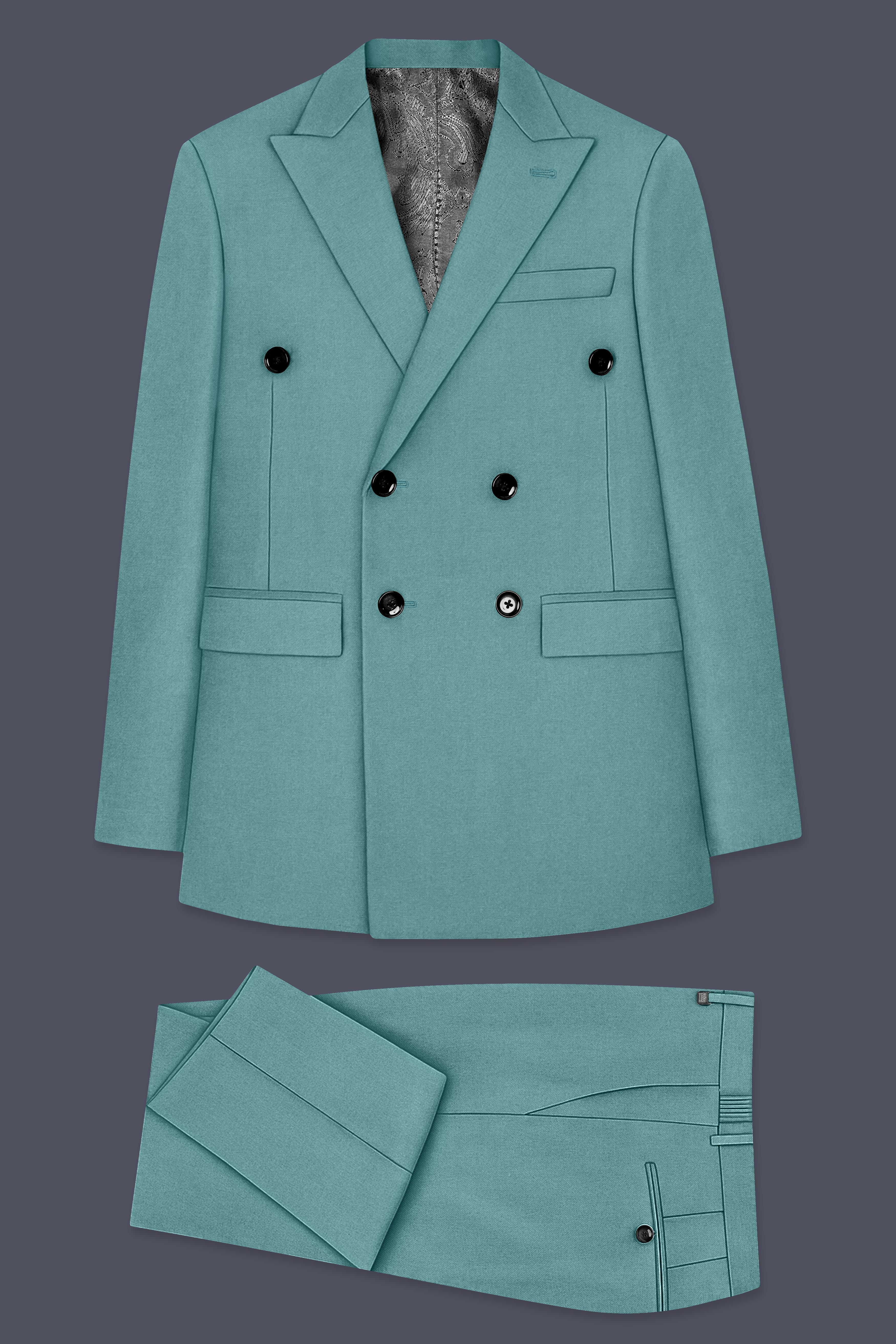 Travirid-Gothic Green Wool Rich Double Breasted Slight Stretch Suit