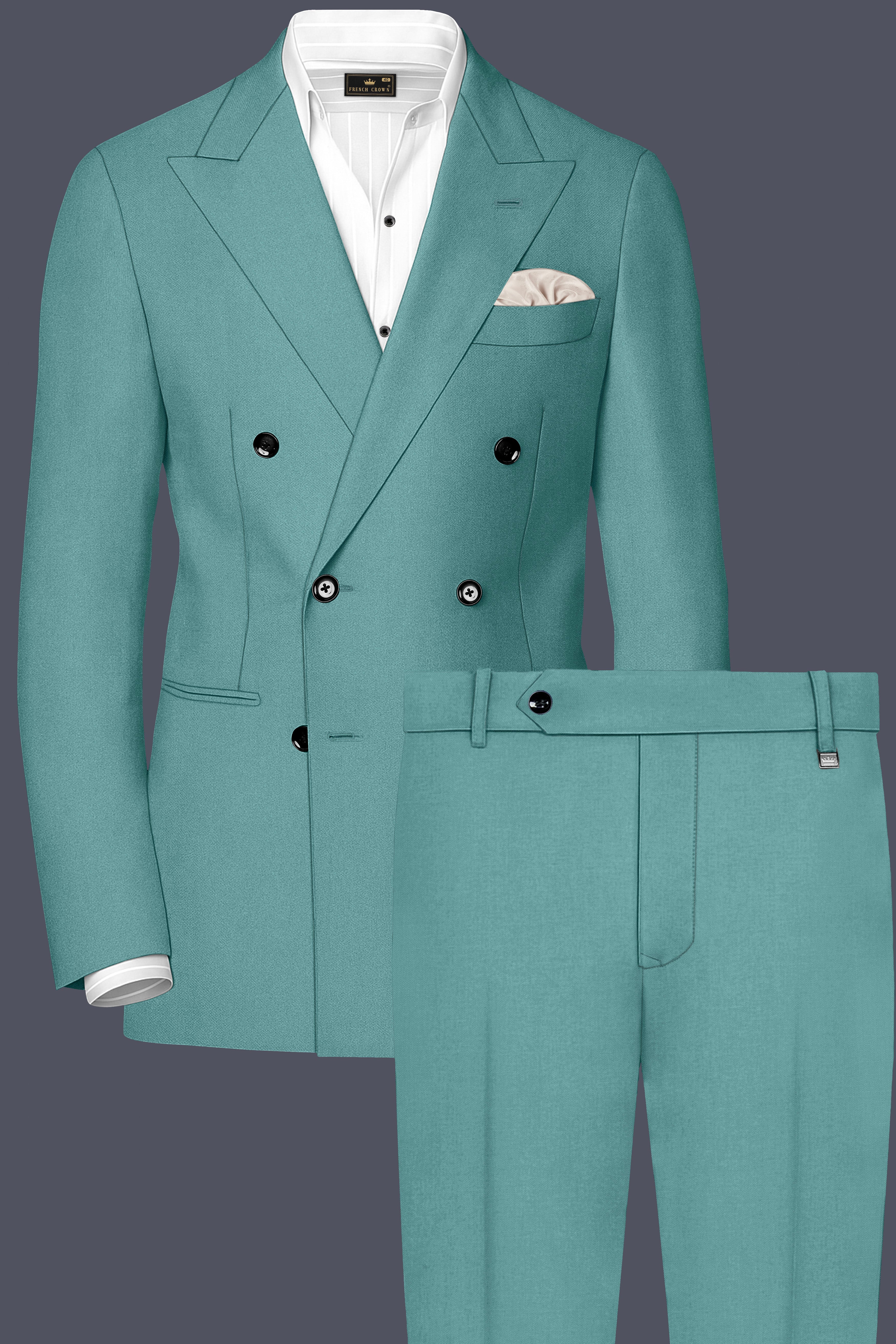 Travirid-Gothic Green Wool Rich Double Breasted Slight Stretch Suit