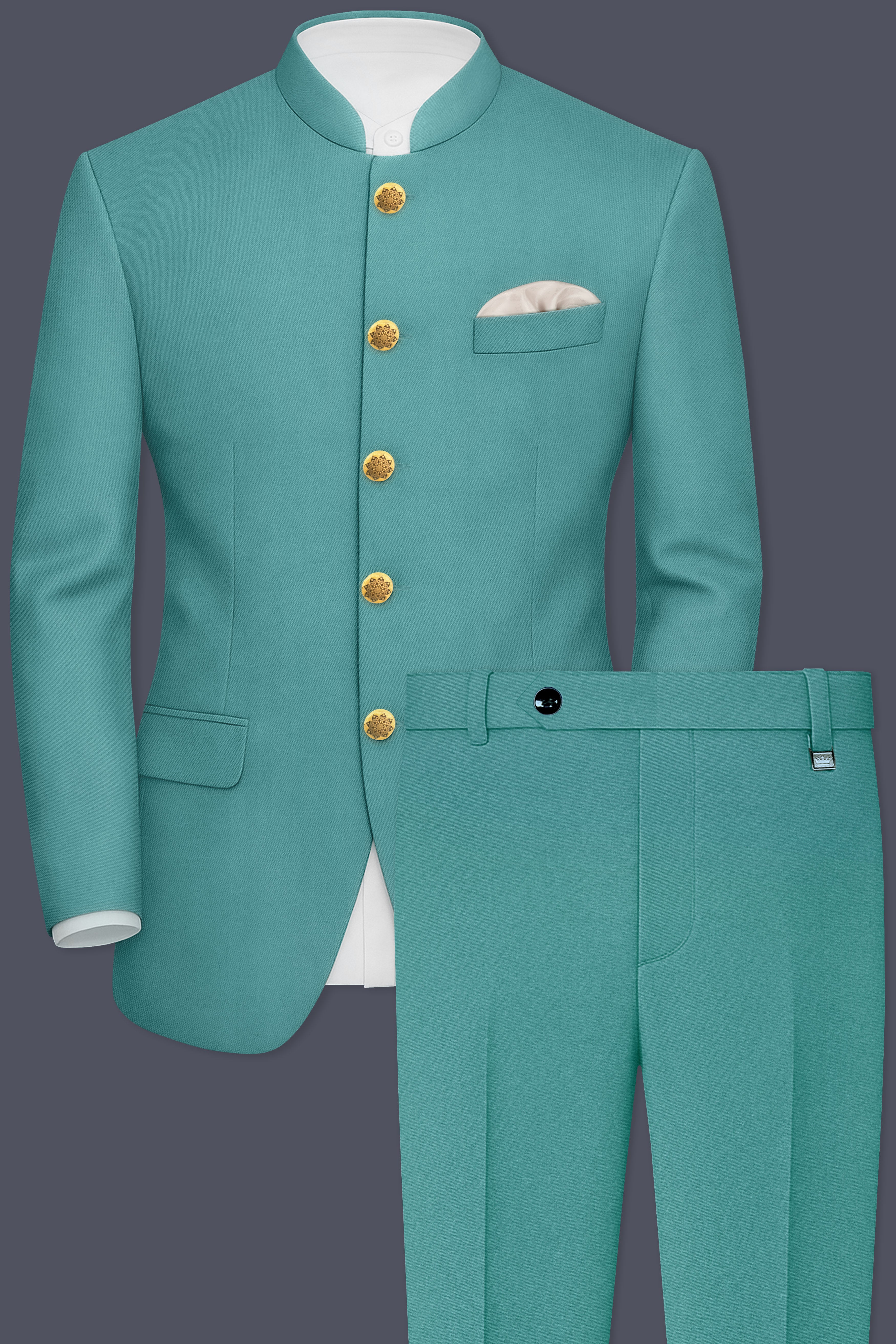 Travirid-Gothic Green Wool Rich Bandhgala Slight Stretch Suit