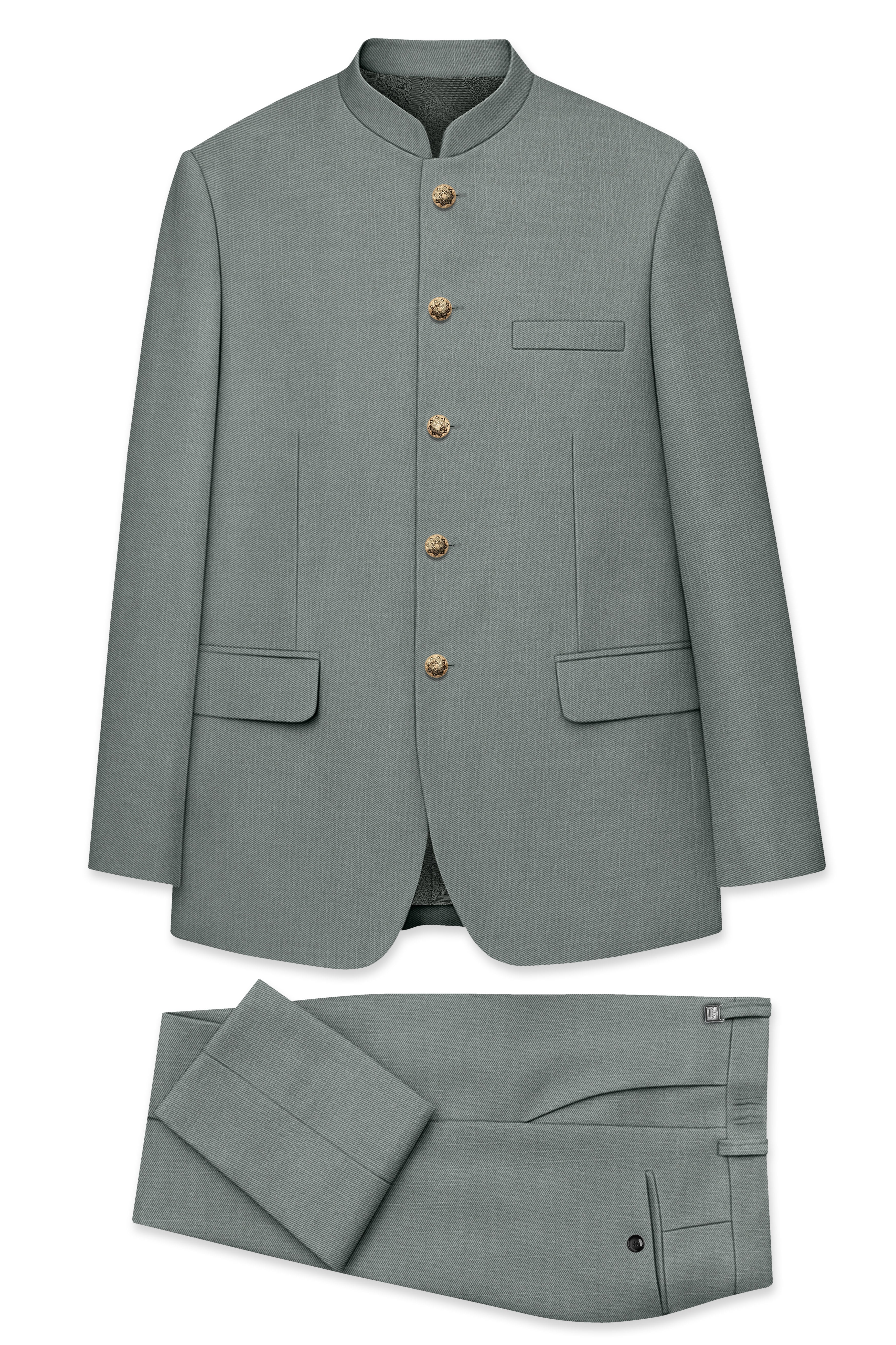 Travliam-William Green Wool Rich Bandhgala Slight Stretch Suit