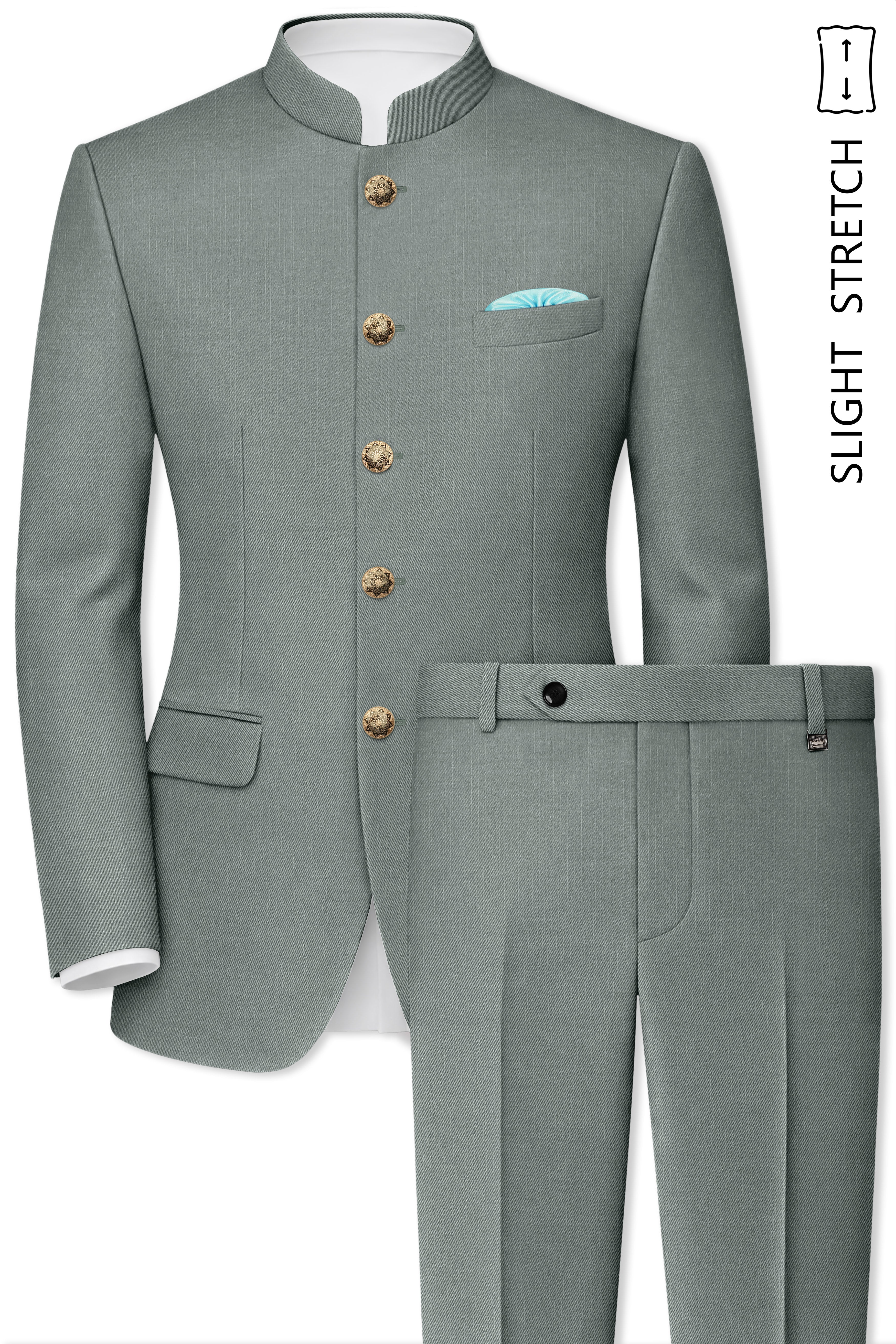 Travliam-William Green Wool Rich Bandhgala Slight Stretch Suit