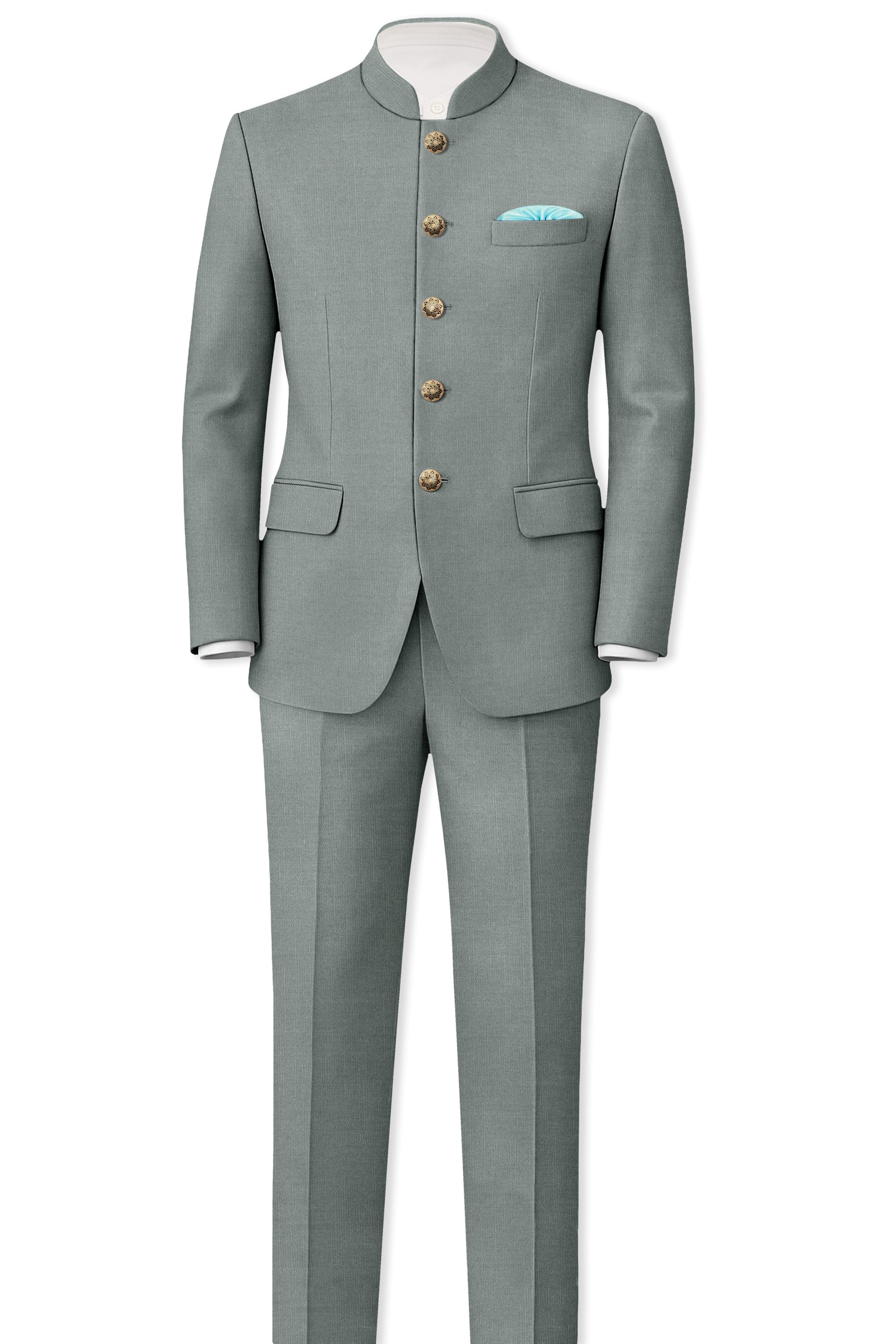 Travliam-William Green Wool Rich Bandhgala Slight Stretch Suit