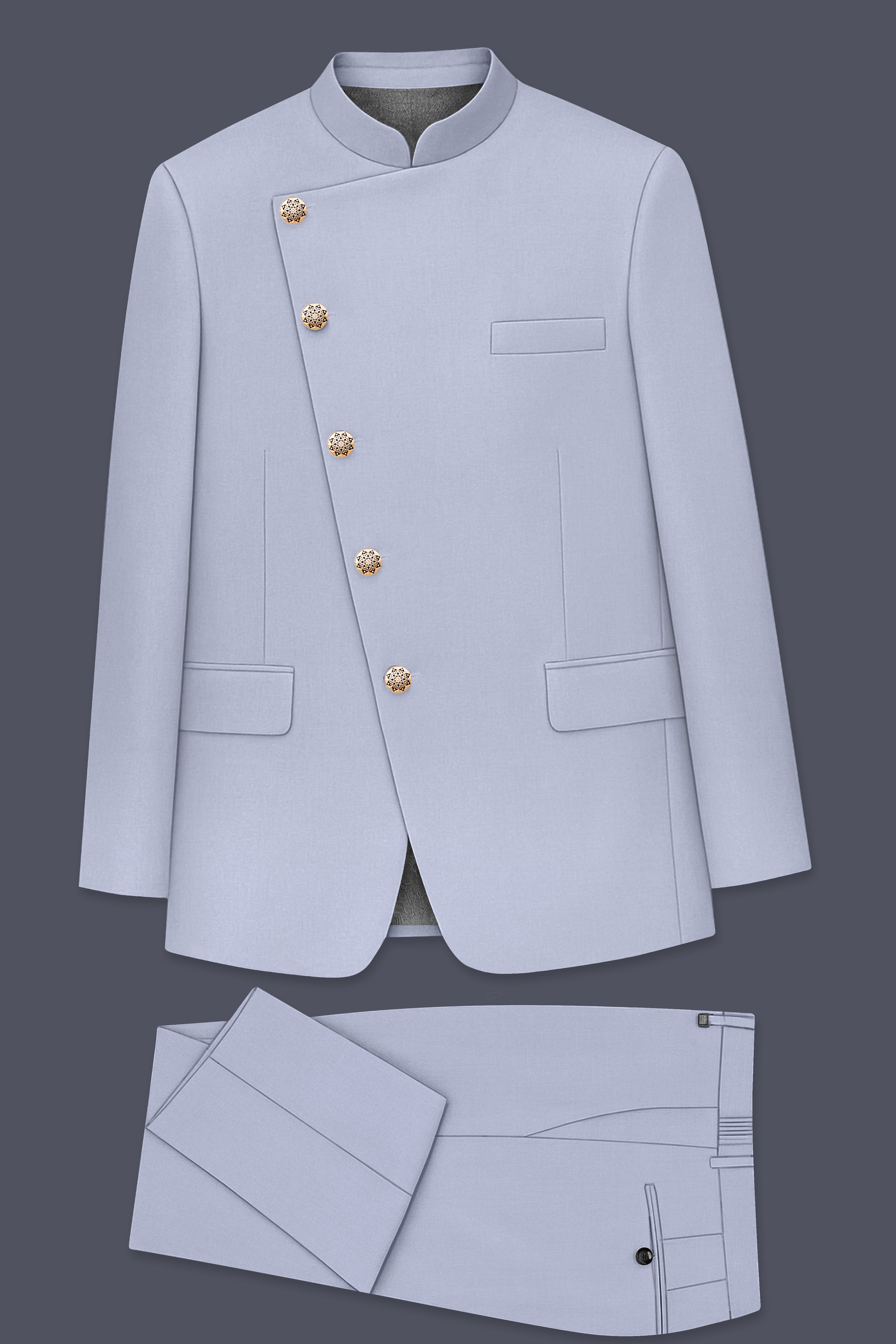 Silgrove-Loblolly Gray Wool Rich Cross Placket Bandhgala Stretchable Traveler Suit
