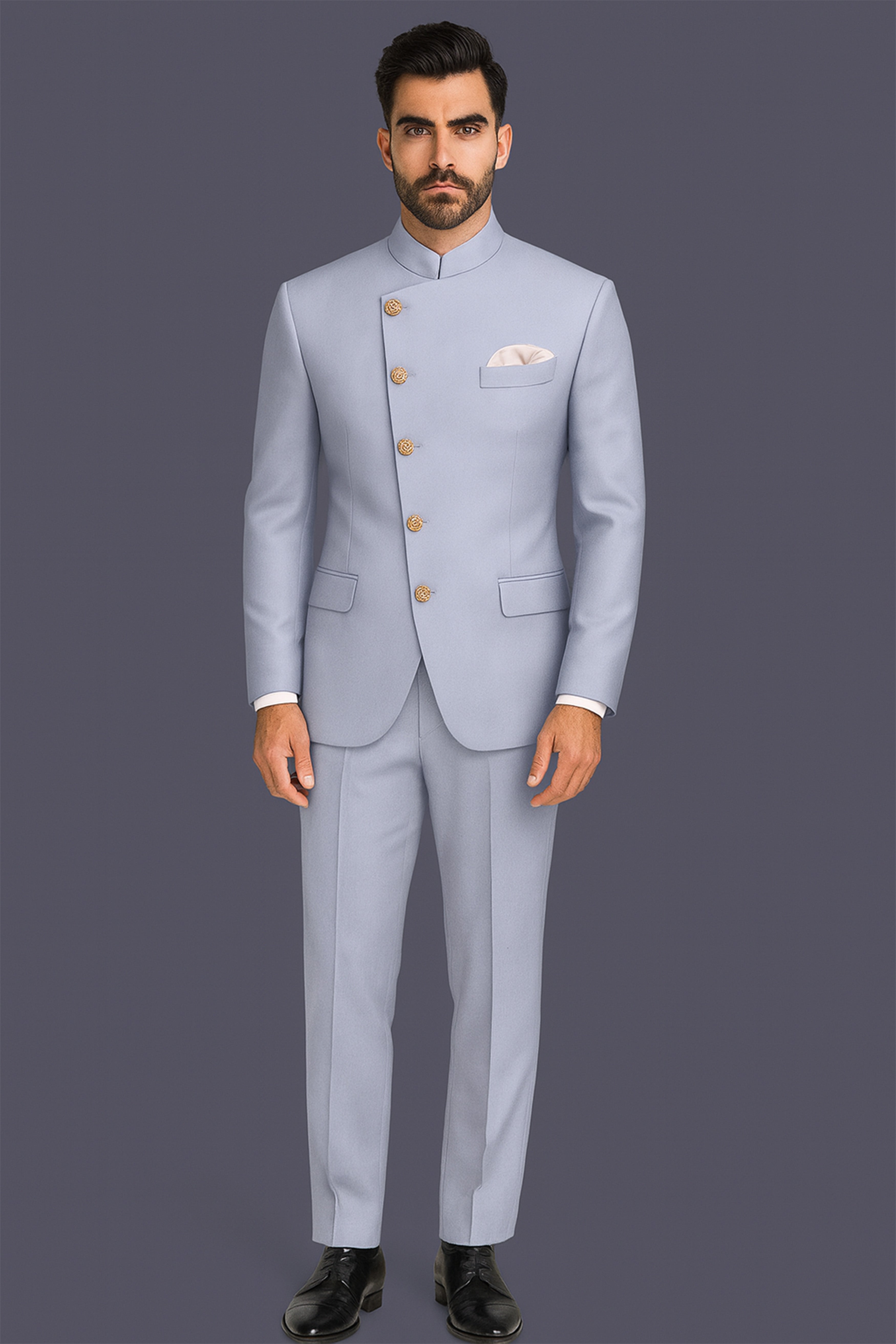 Silgrove-Loblolly Gray Wool Rich Cross Placket Bandhgala Stretchable Traveler Suit